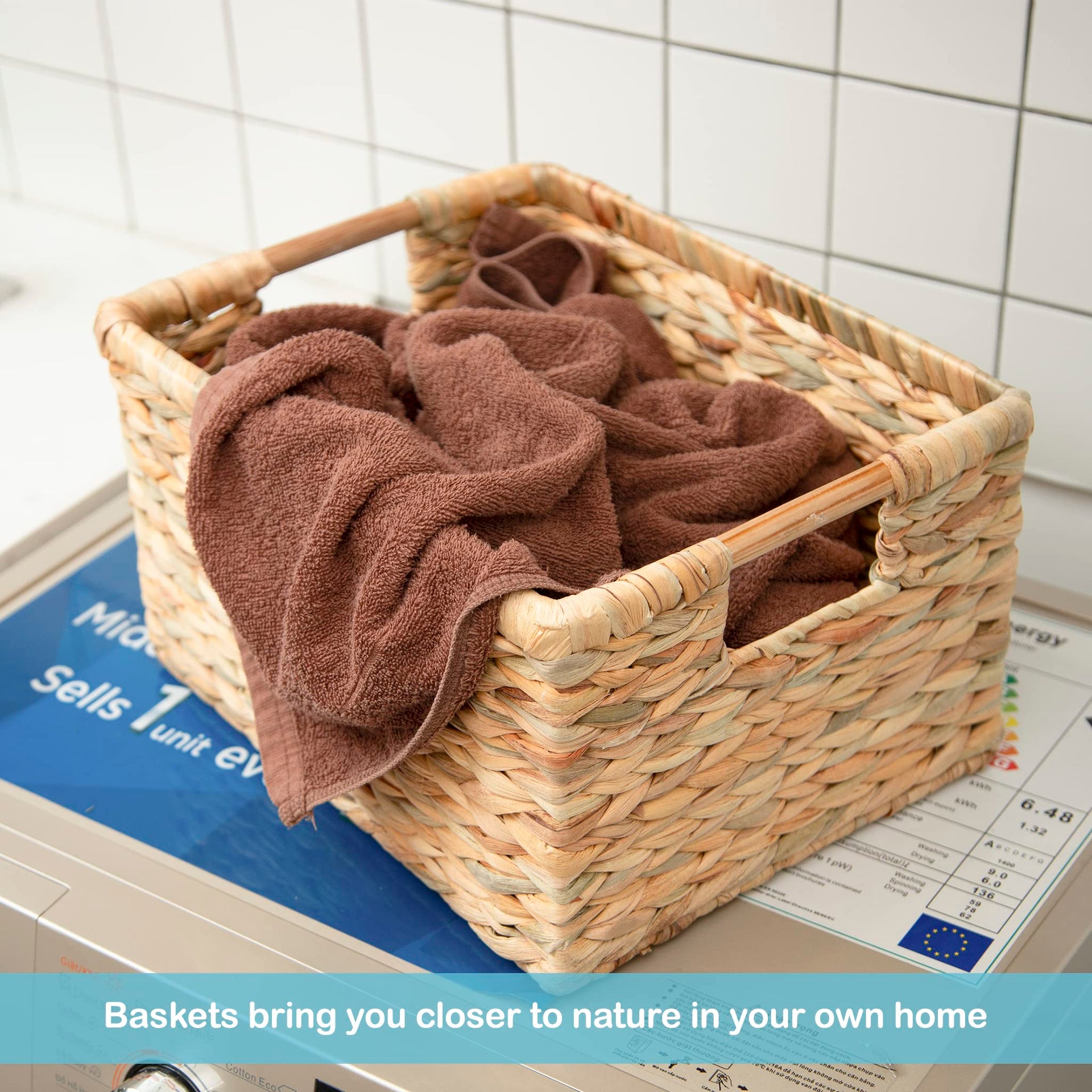 Large Rectangular Wicker Basket with Wooden Handles for Shelves and Storage