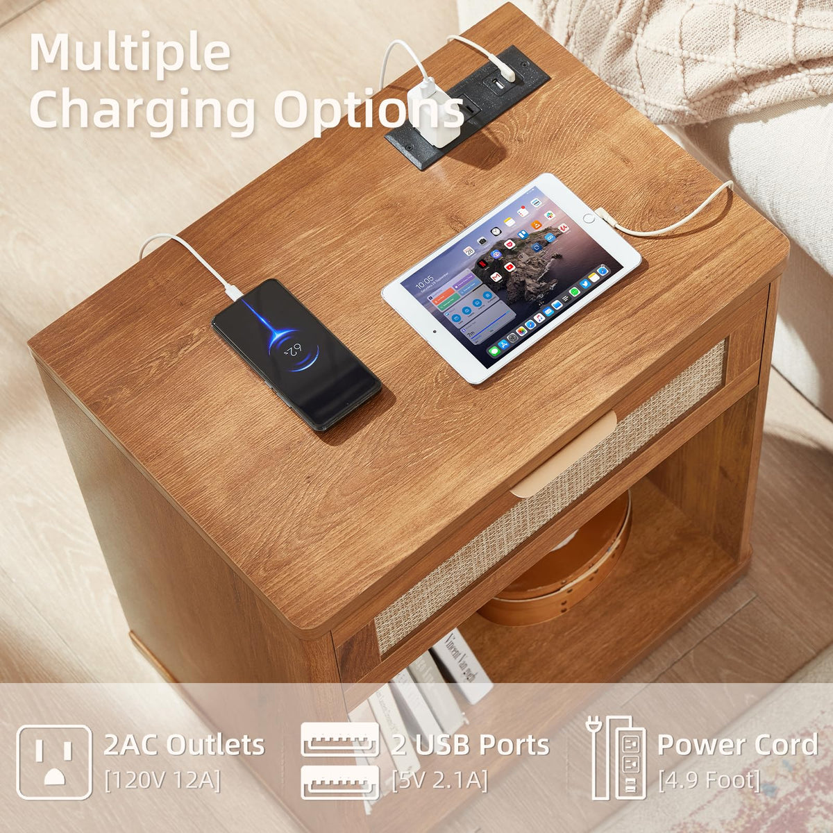 Rattan Nightstand with Charging Station