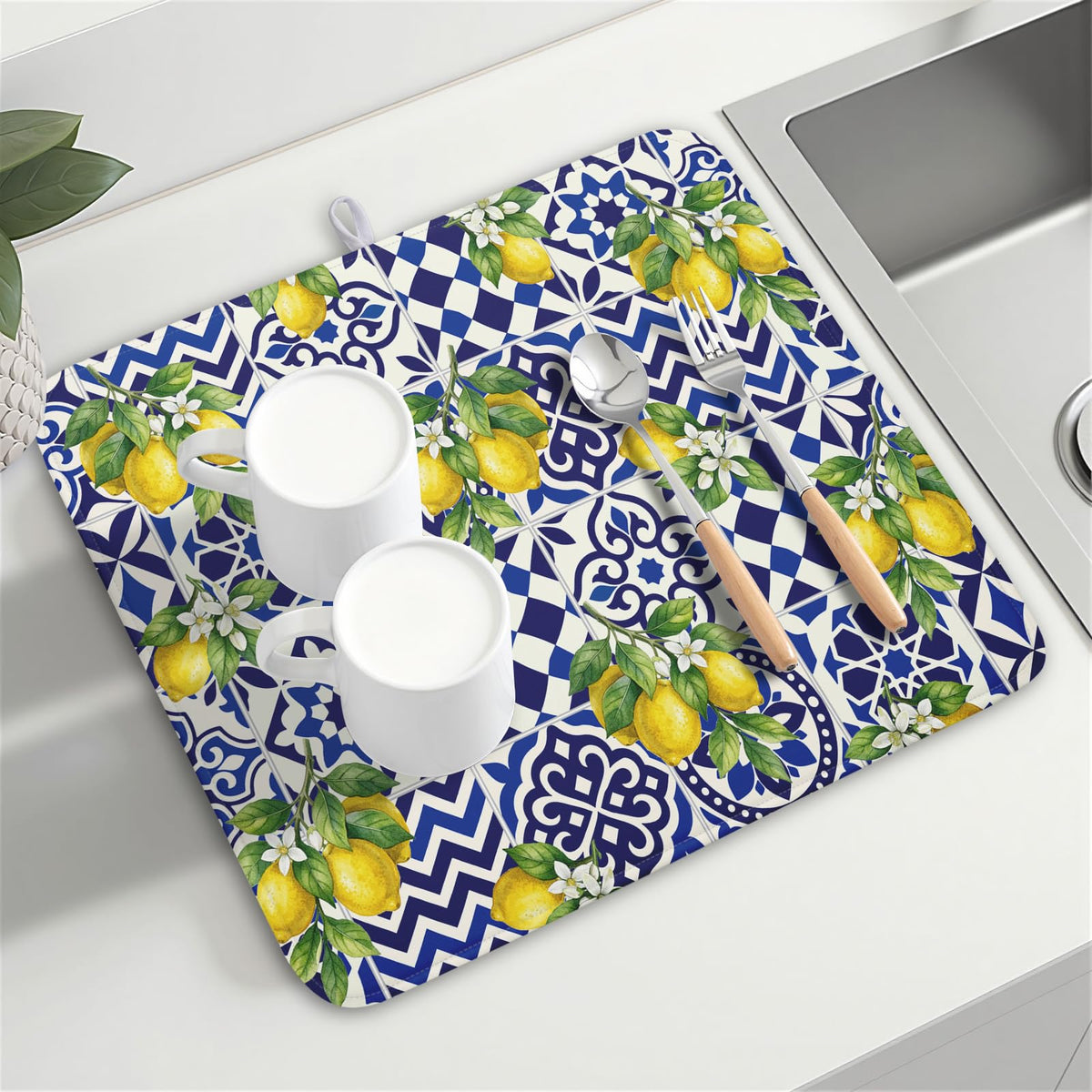 Lemon and Blue Tile Dish Drying Mat 16x18 Inch Absorbent Reversible Mexican Tilt Drying Mat Blue White Italy Lemons Dish Drying Rack Mat Summer Themed Dish Drainer Mat for Kitchen Counter Coffee Bar
