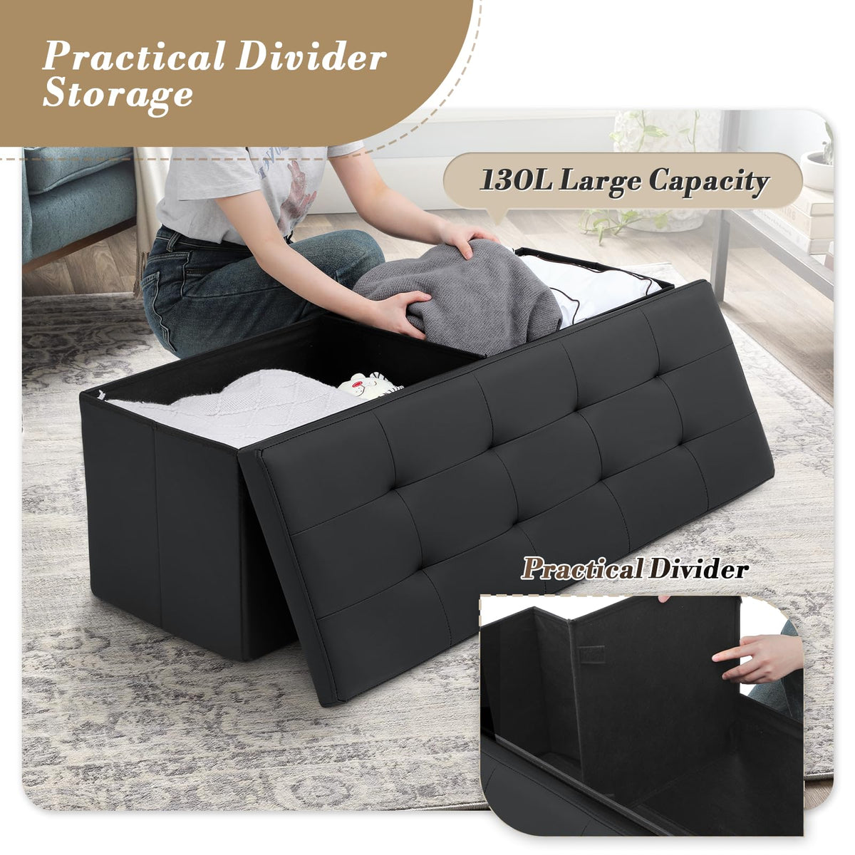 43" Storage Ottoman Bench Folding Bench with 130L Hidden Storage