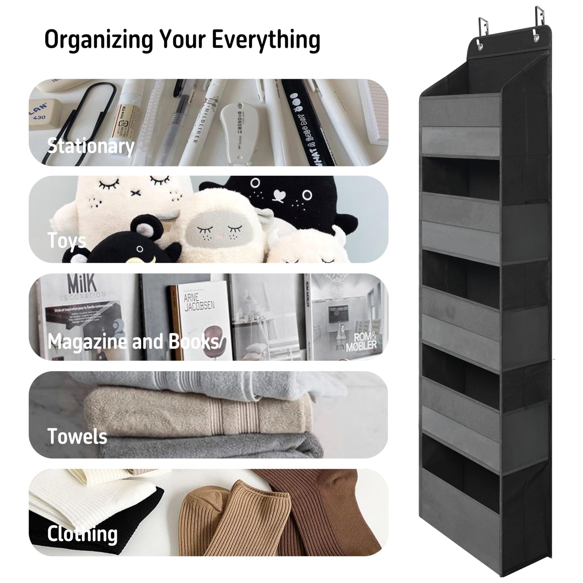 Black Over Door Organizer with 5 Large Clear Pockets and 6 Side Mesh Pockets