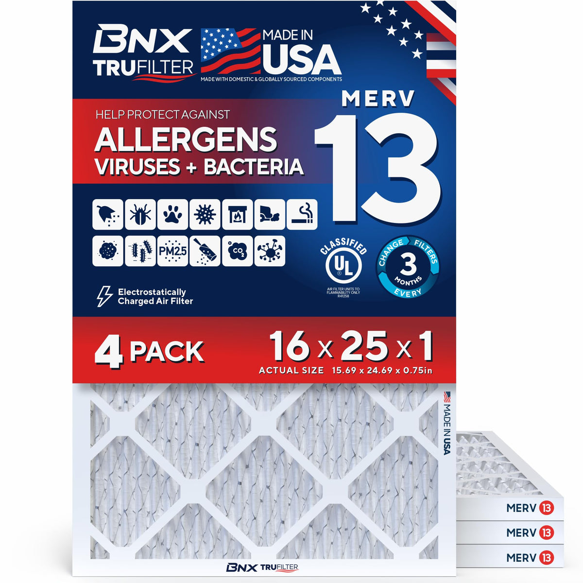 TruFilter 16x25x1 Air Filter MERV 13 AC Filter (4 Count)