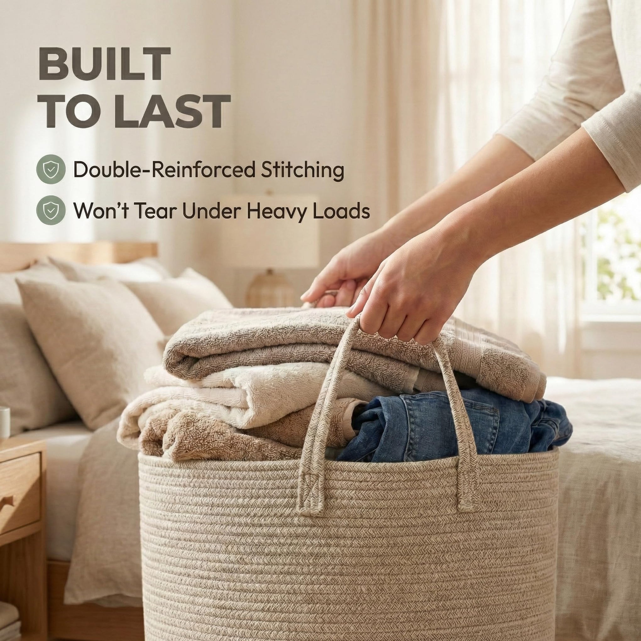 65L Extra Large Machine Washable Cotton Rope Blanket Basket