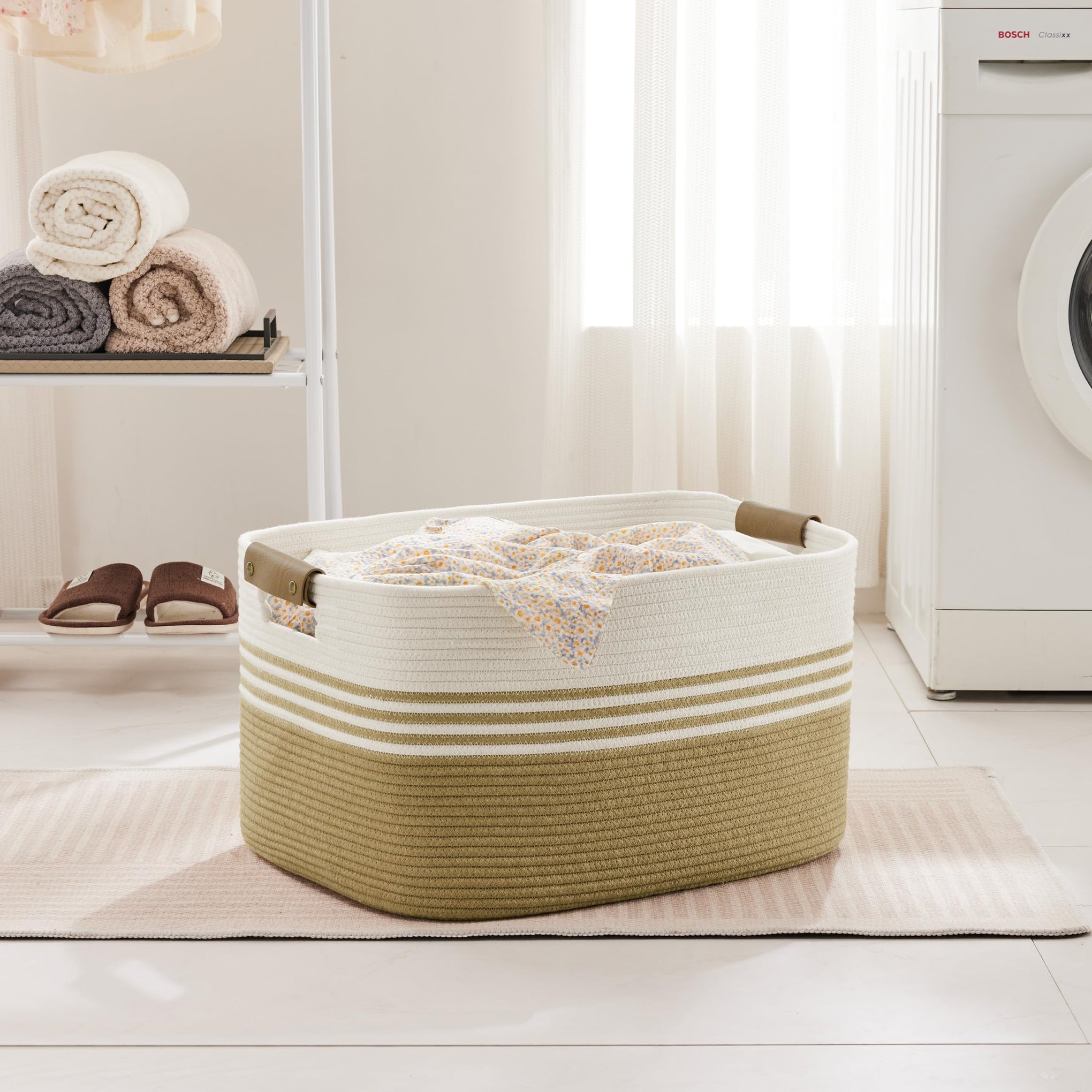 72L Large Woven Laundry Basket Hamper with Leather Handles - ModHome Supplies
