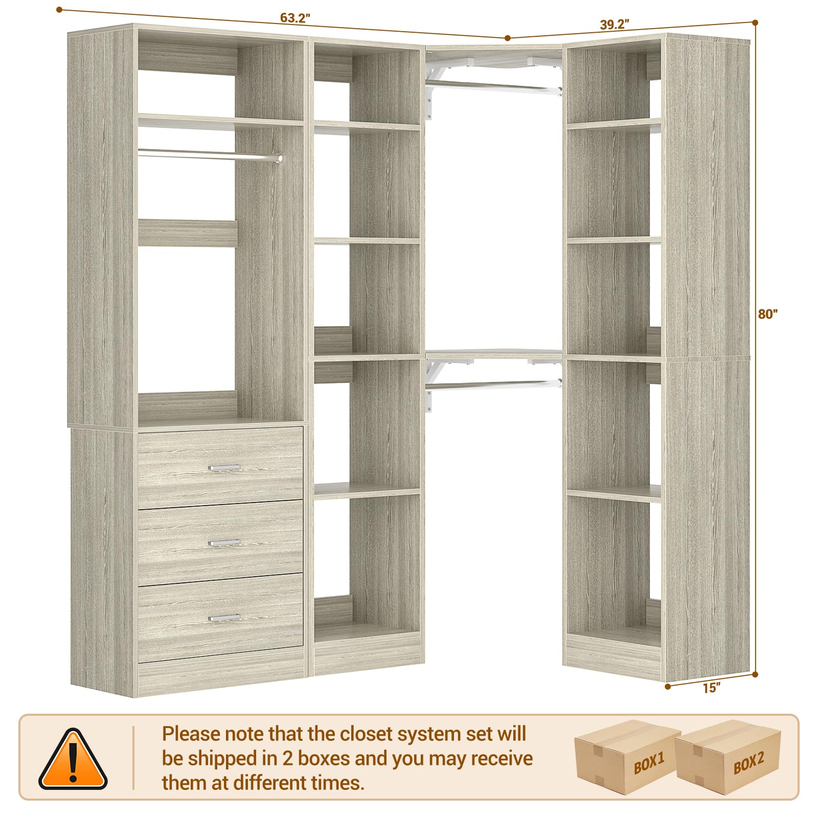 Corner Closet System with 3 Drawers
