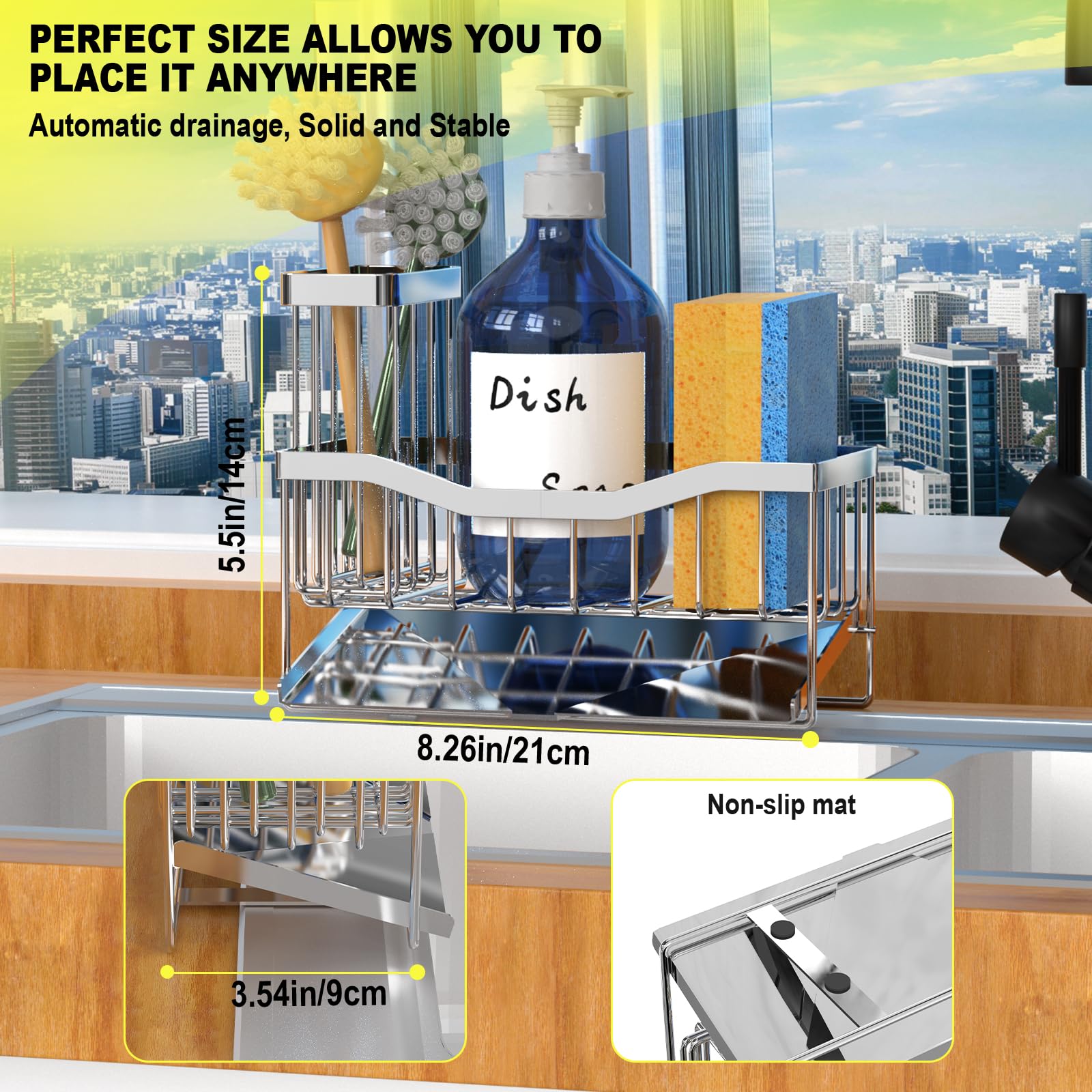 Maifan Sink Caddy Sponge Holder for Kitchen with Brush Holder and Stainless Steel Self Drain Tray