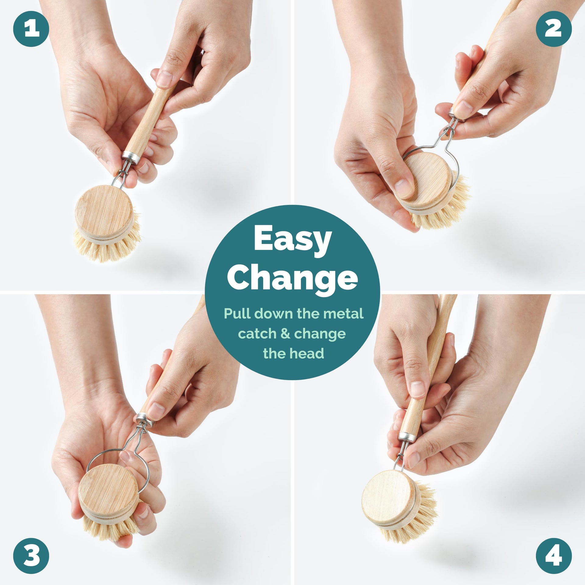 Bamboo Dish Brush • 3 Swap Heads & Loofah Sponge • 4 Piece (4 Count)