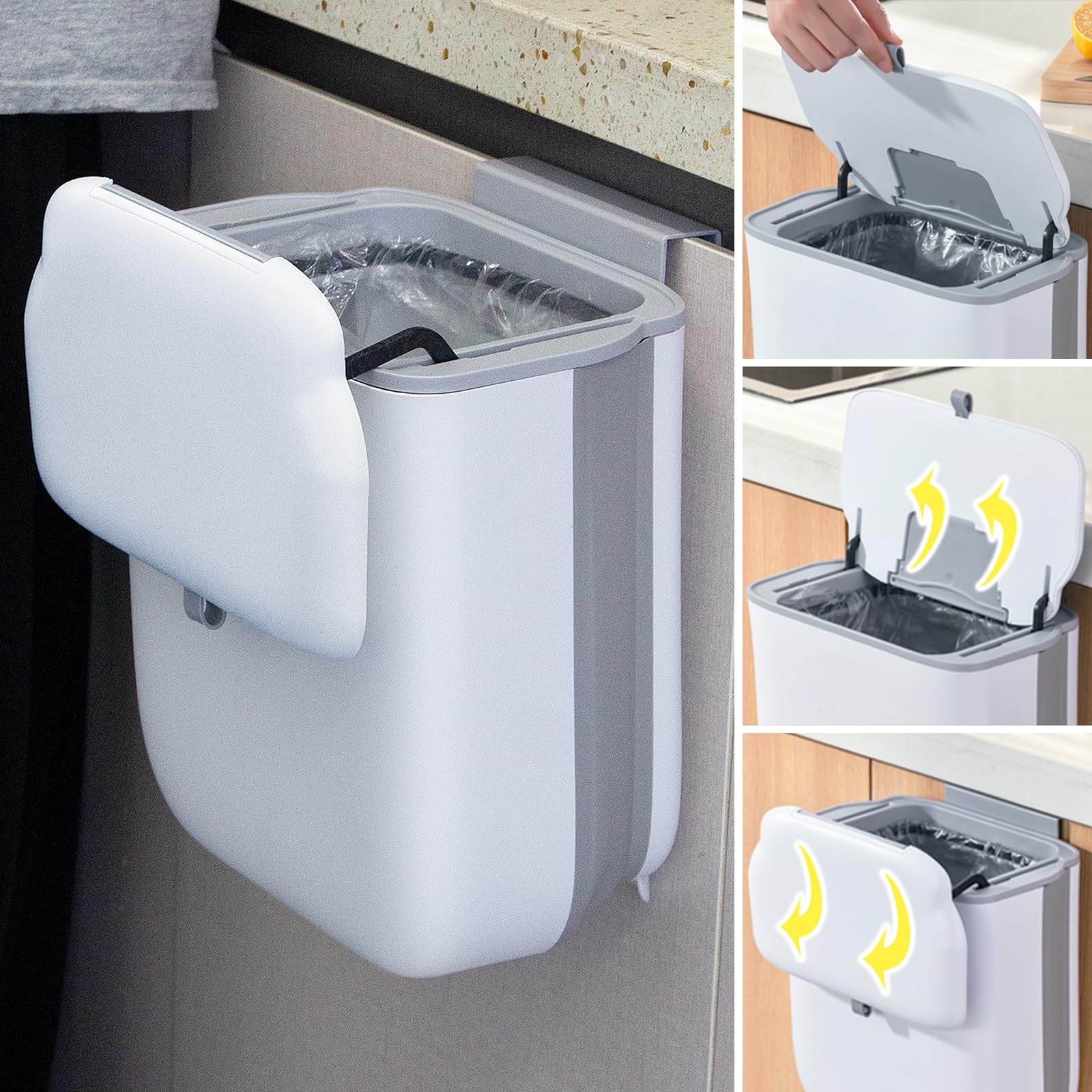 3.2 Gallon Foldable Hanging Trash Can with Lid for Cabinet Door