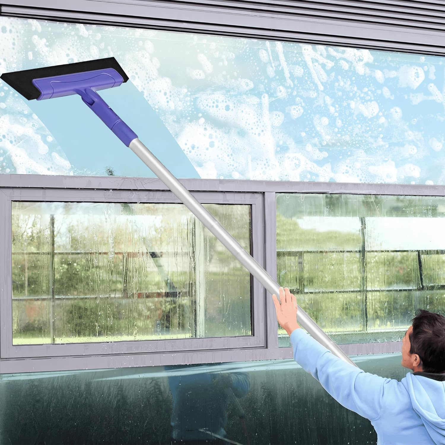 Floor Squeegee for Tile Floor and Shower Glass, Broom Rubber Blade with 48.4" Aluminum Long Handle, Water Blade Foam Pet Hair Wiper for Window Cleaning, Home, Garage, Bathroom, and Kitchen