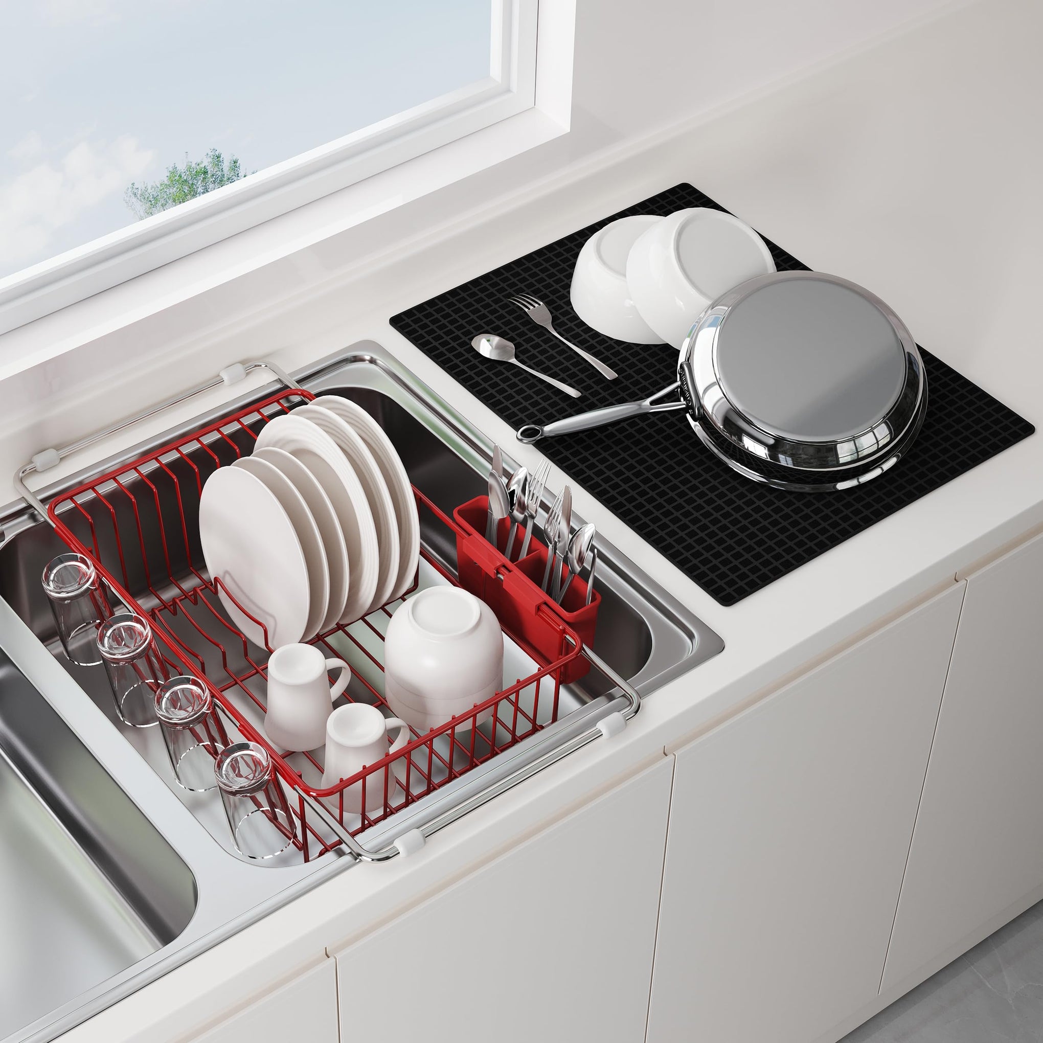 Red Dish Drying Rack in Sink with Mat