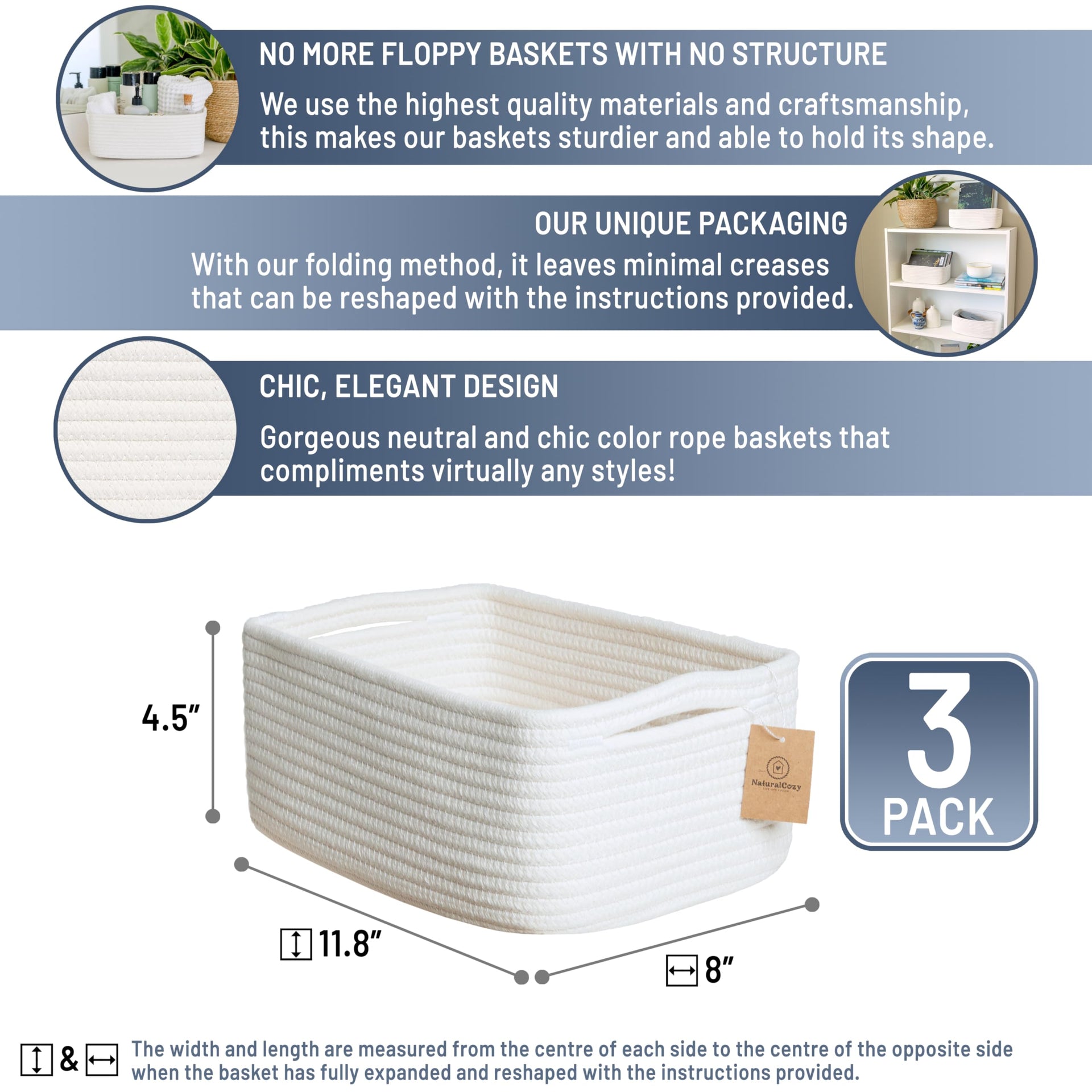11.8"x8"x4.5” Storage Baskets for Shelves 3 Pack (3 Count)