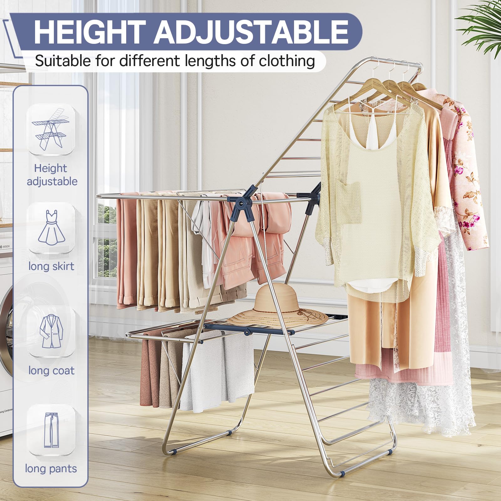 Large Stainless Steel Clothes Drying Rack with 4 Wings
