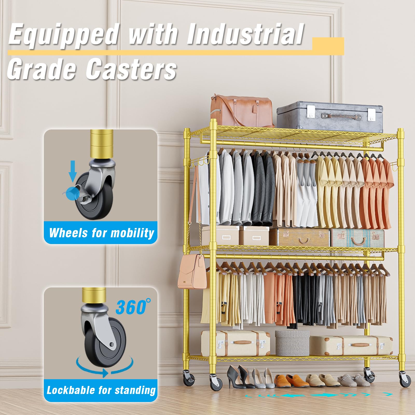 Gold Heavy Duty Clothes Rack with Wheels