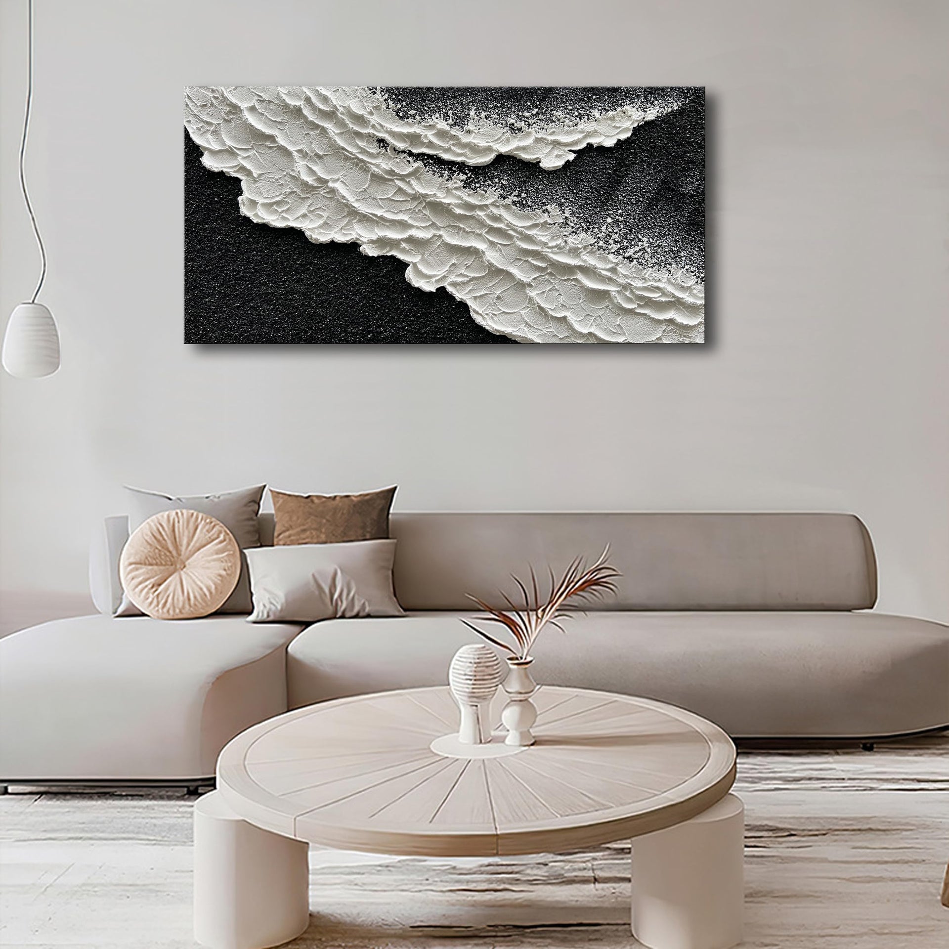 24x48 Inch Hand Painted 3D Ocean Wave Landscape Oil Painting Black and White Abstract Canvas Art Mural Family Wall Decoration Art