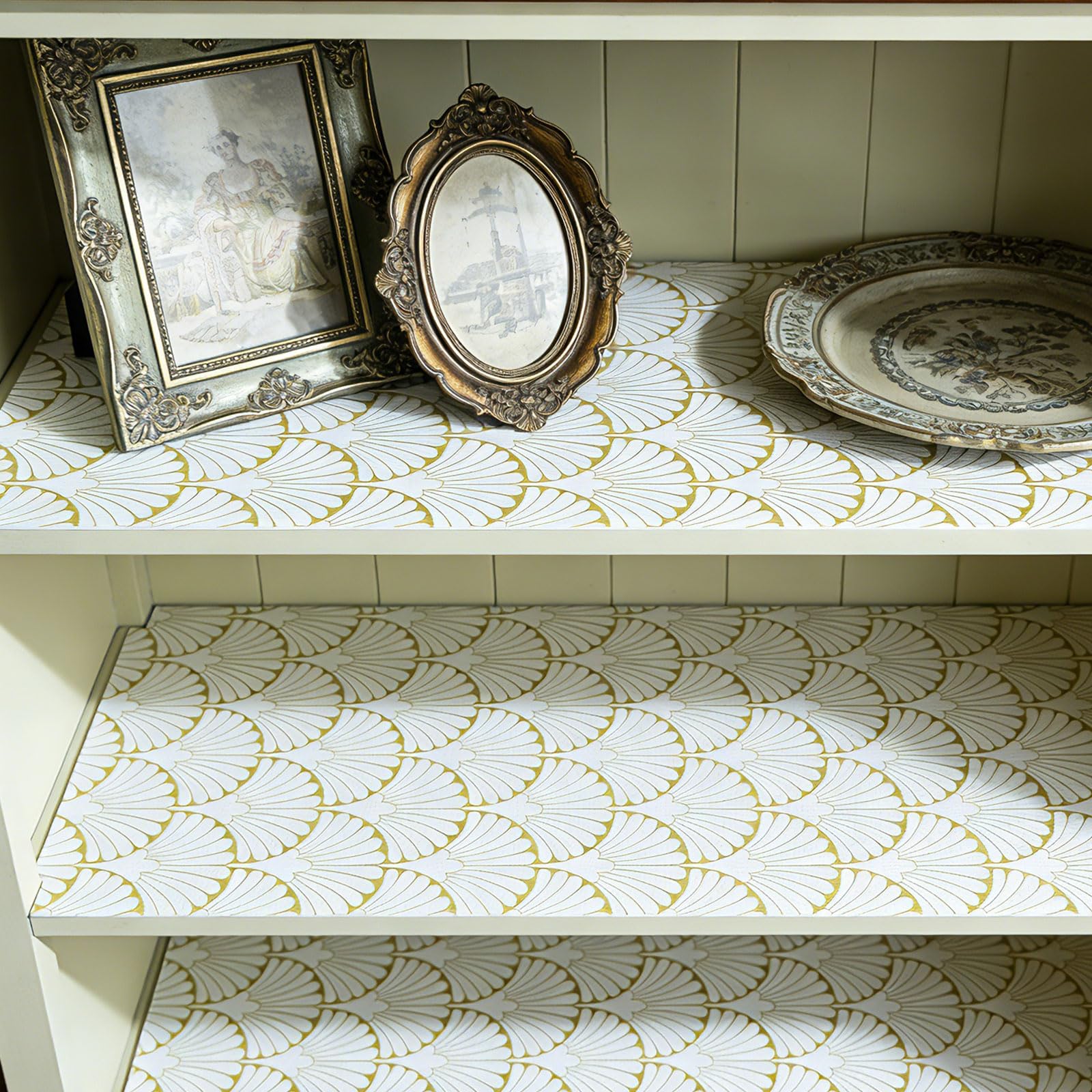 Shelf Liners Non Adhesive Gold Background White Fan (2778.56 sq in sq in)