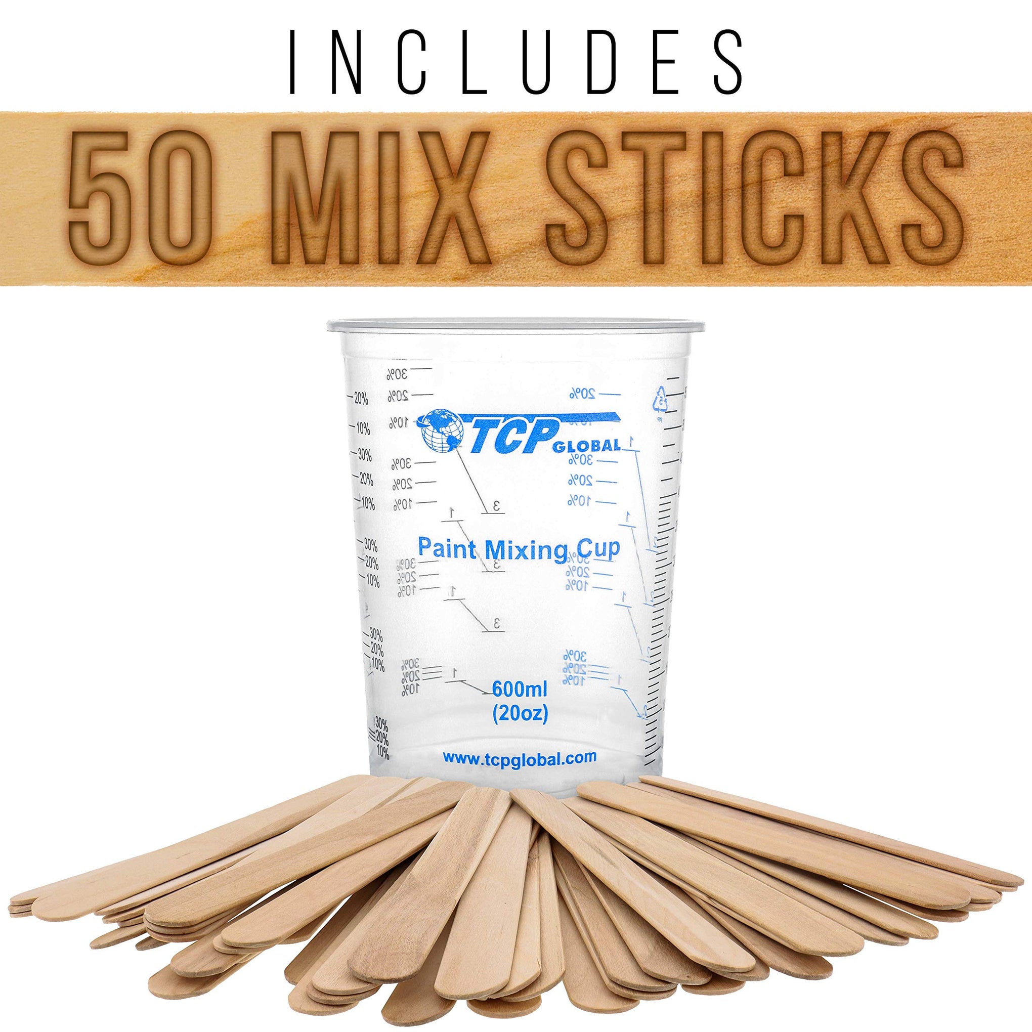 20 oz. (600ml) Graduated Plastic Mixing Cups - Box of 100 with 50 Mixing Sticks - Disposable Plastic Measuring Cups for Liquids, Paints, Resin, Epoxy, Art, Kitchen - Ratios 2-1, 3-1, 4-1 ML