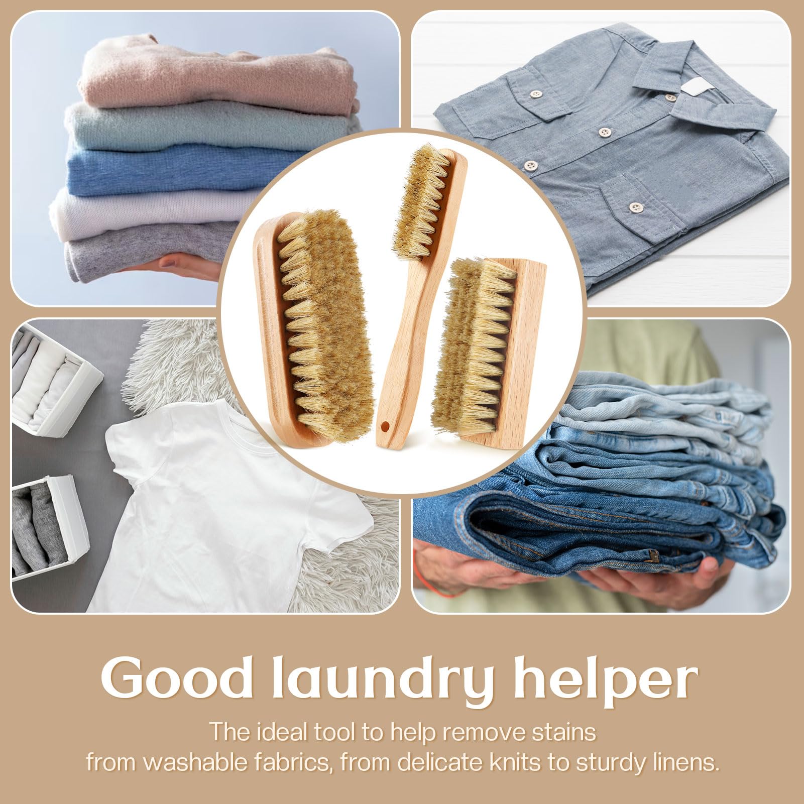 3 Pcs Wood Laundry Stain Brush Stain Remover Brushes with Boar Bristle Small Stain Brush for Clothes for Scrubbing Stains from Furniture Fabric Leather (3 Count)
