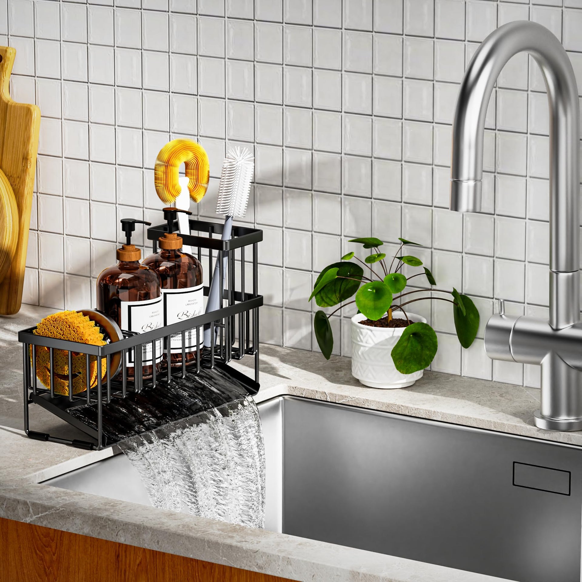 Extra Large Kitchen Sink Caddy Organzier with High Brush Holder
