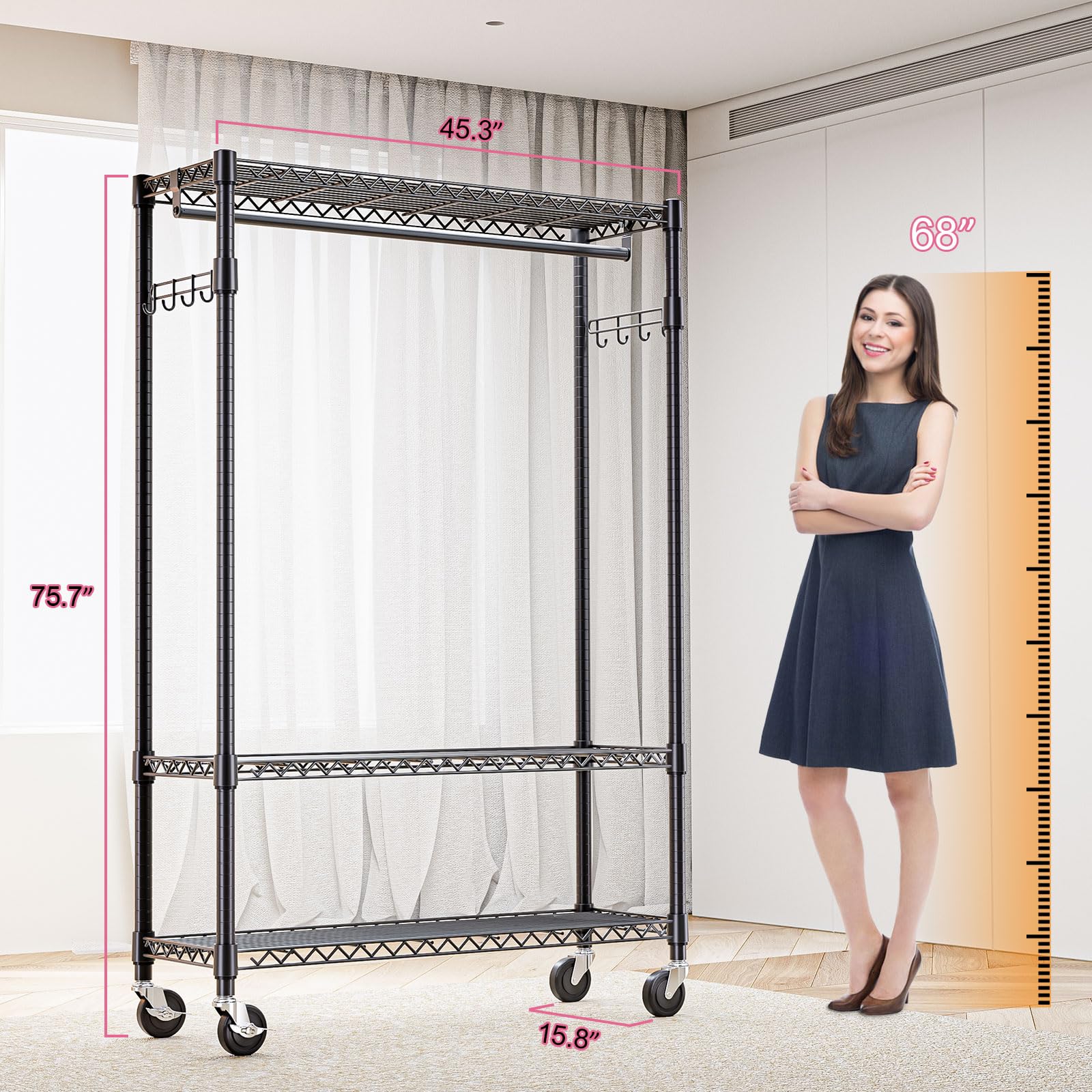 Heavy Duty Rolling Garment Rack 3 Tiers Adjustable Wire Shelving Clothes Rack with 1 Rods and Side Hooks