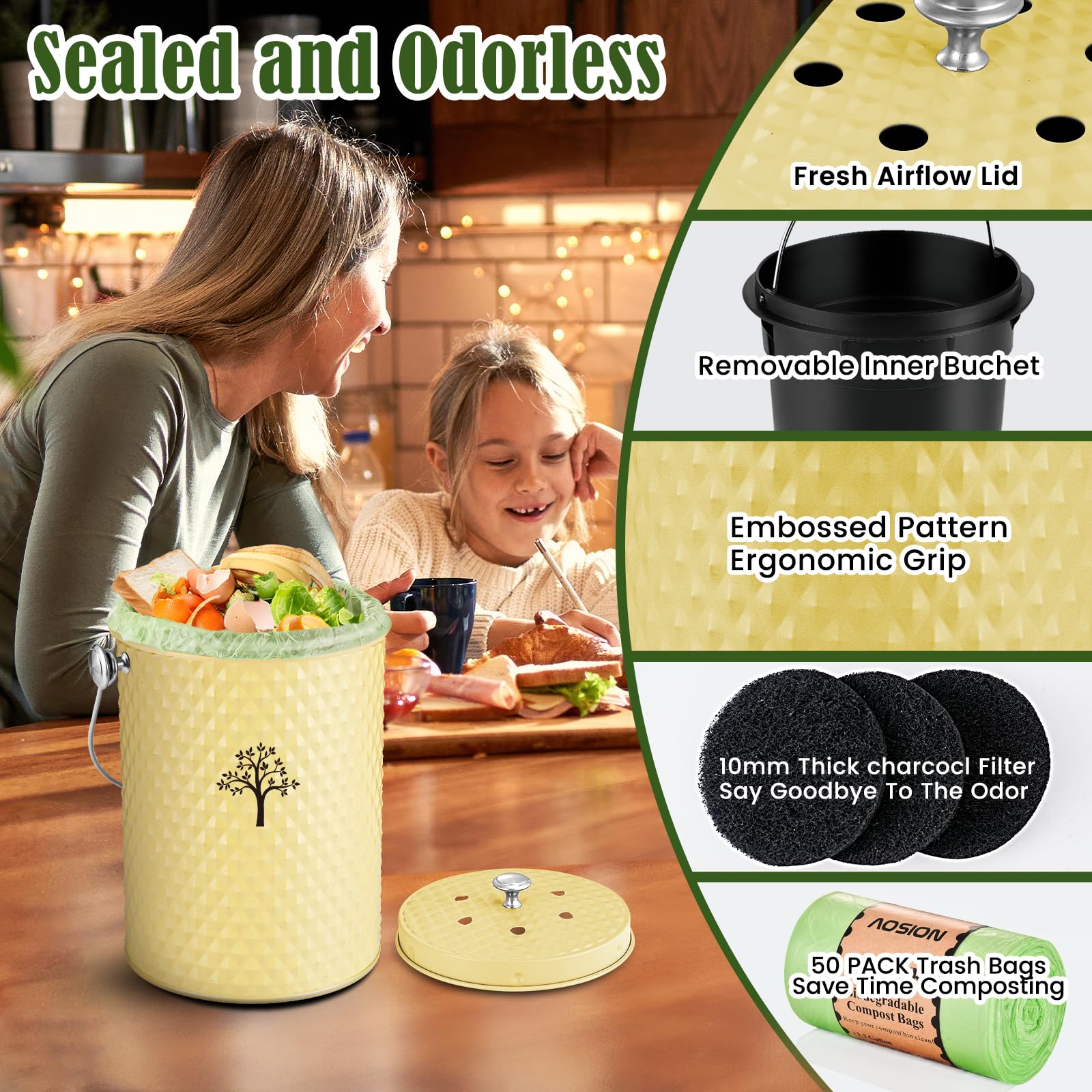 Countertop Kitchen Odorless Compost Bin with Removable Inner Bucket