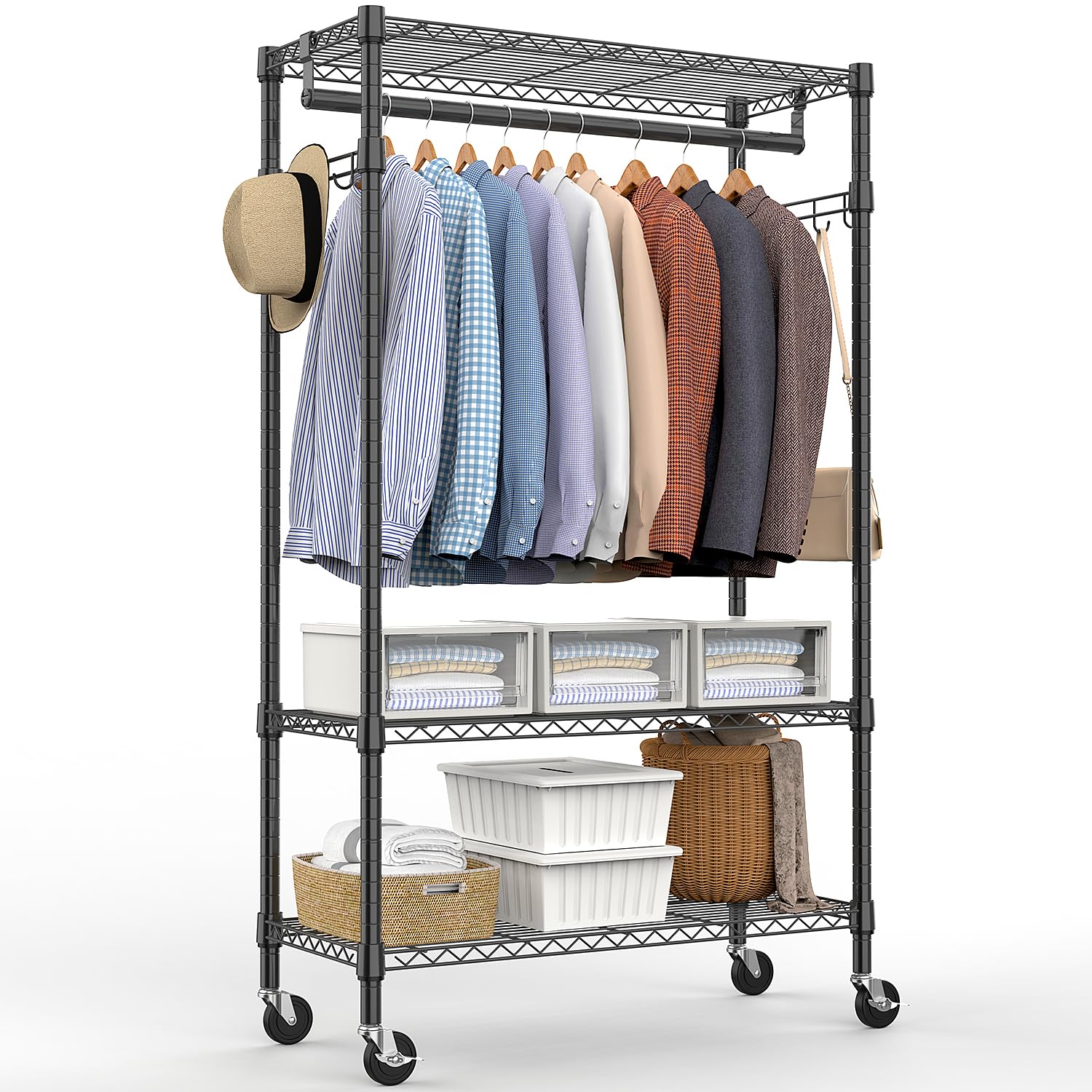 Heavy Duty Rolling Garment Rack 3 Tiers Adjustable Wire Shelving Clothes Rack with Rods and Side Hooks
