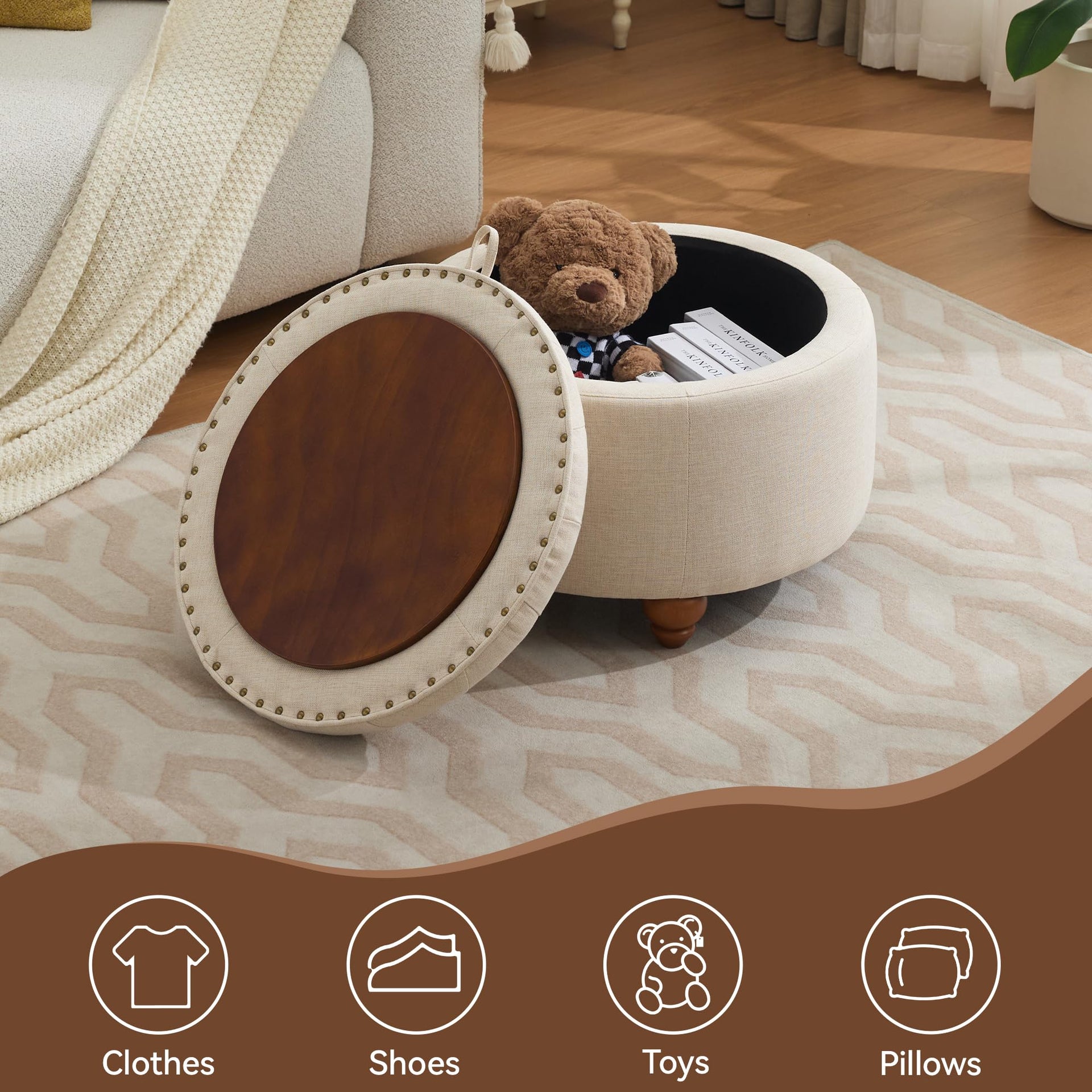 24Inch Round Storage Ottoman with Tray