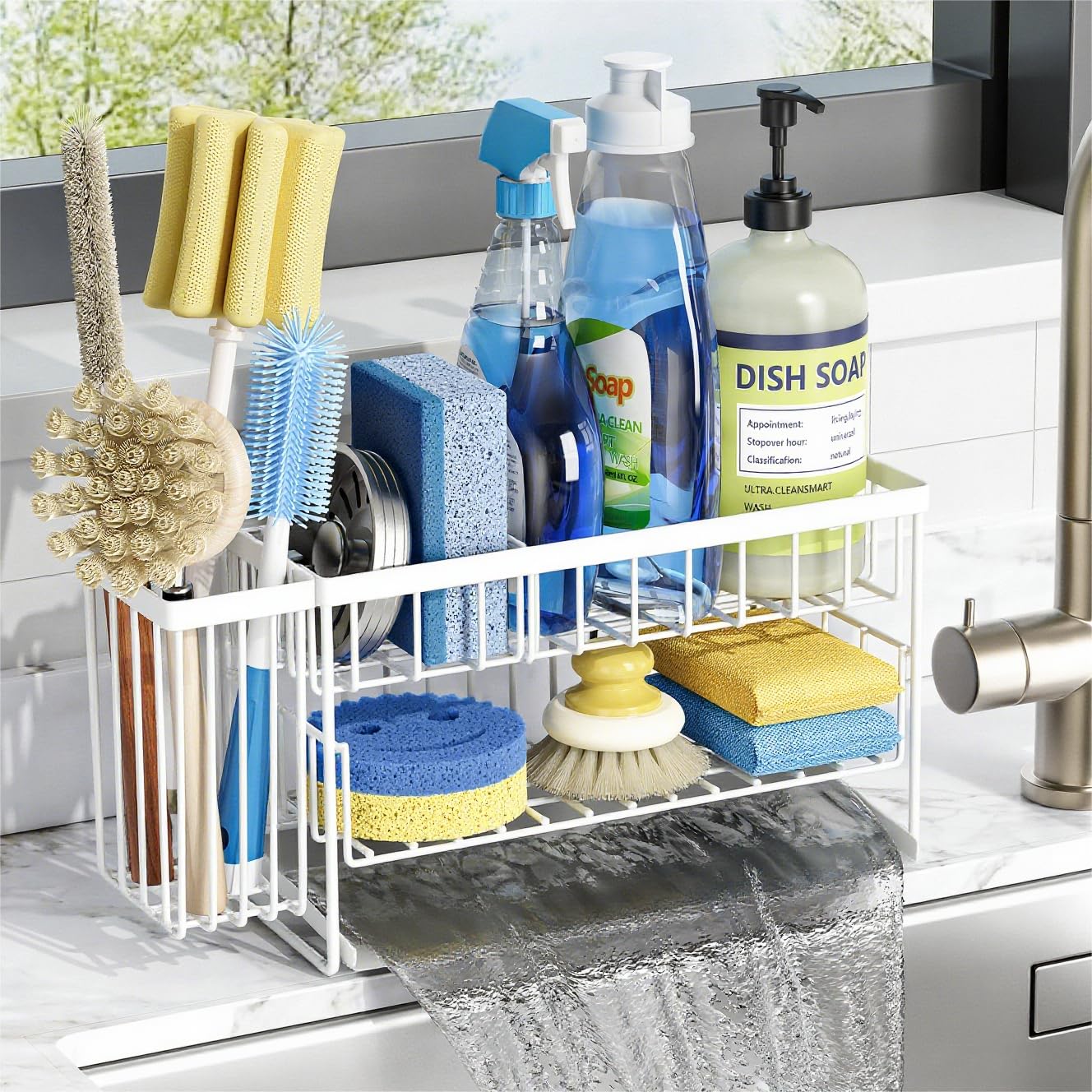 White 2 Tier Kitchen Sink Caddy Organzier Rack with Flexible Dish Brush Holder
