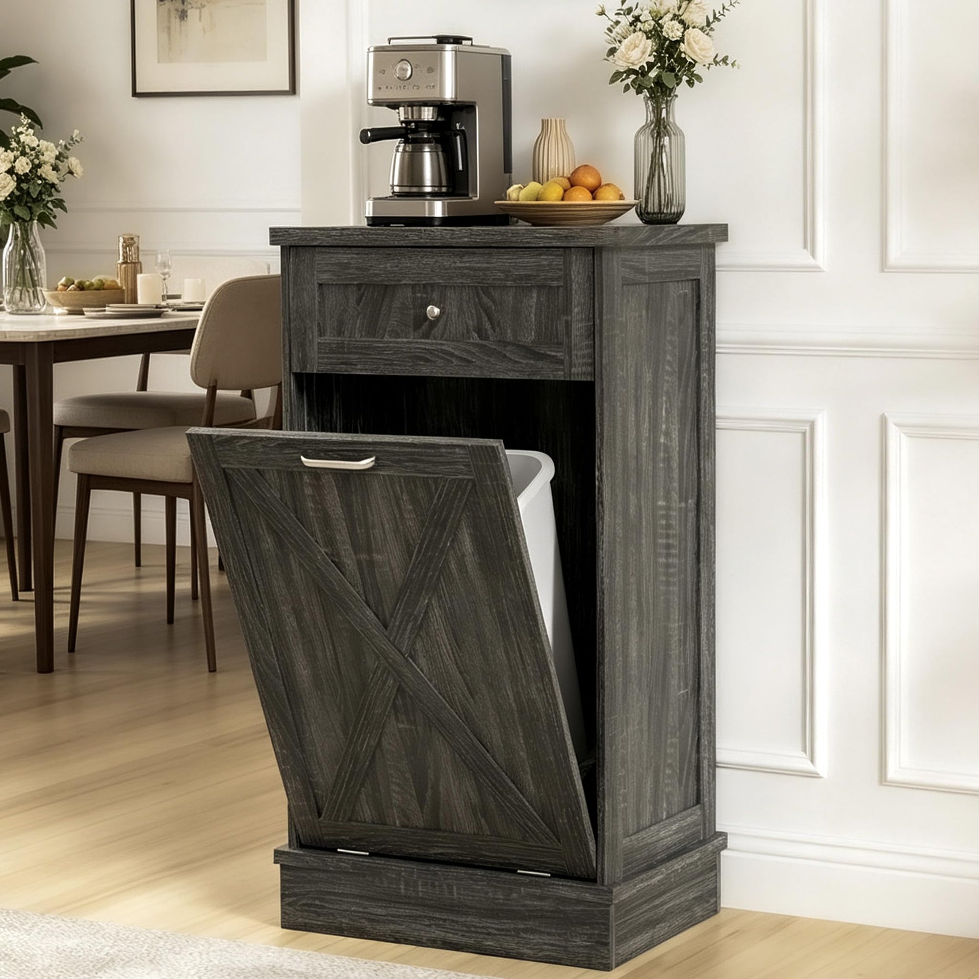10 Gallon Tilt Out Trash Cabinet with Hideaway Drawer