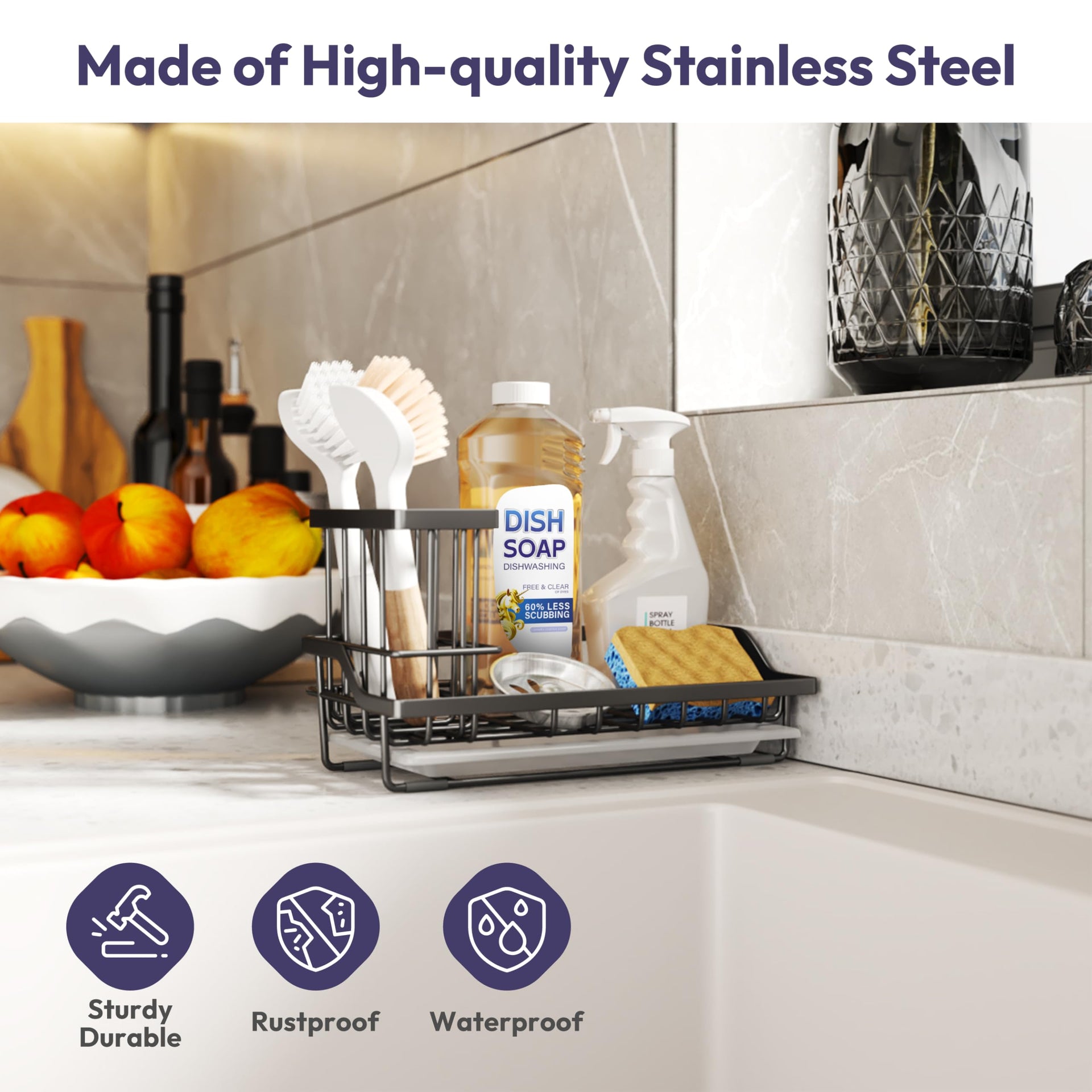 Large Sink Caddy Kitchen Sink Organizer with Detachable Brush Holder