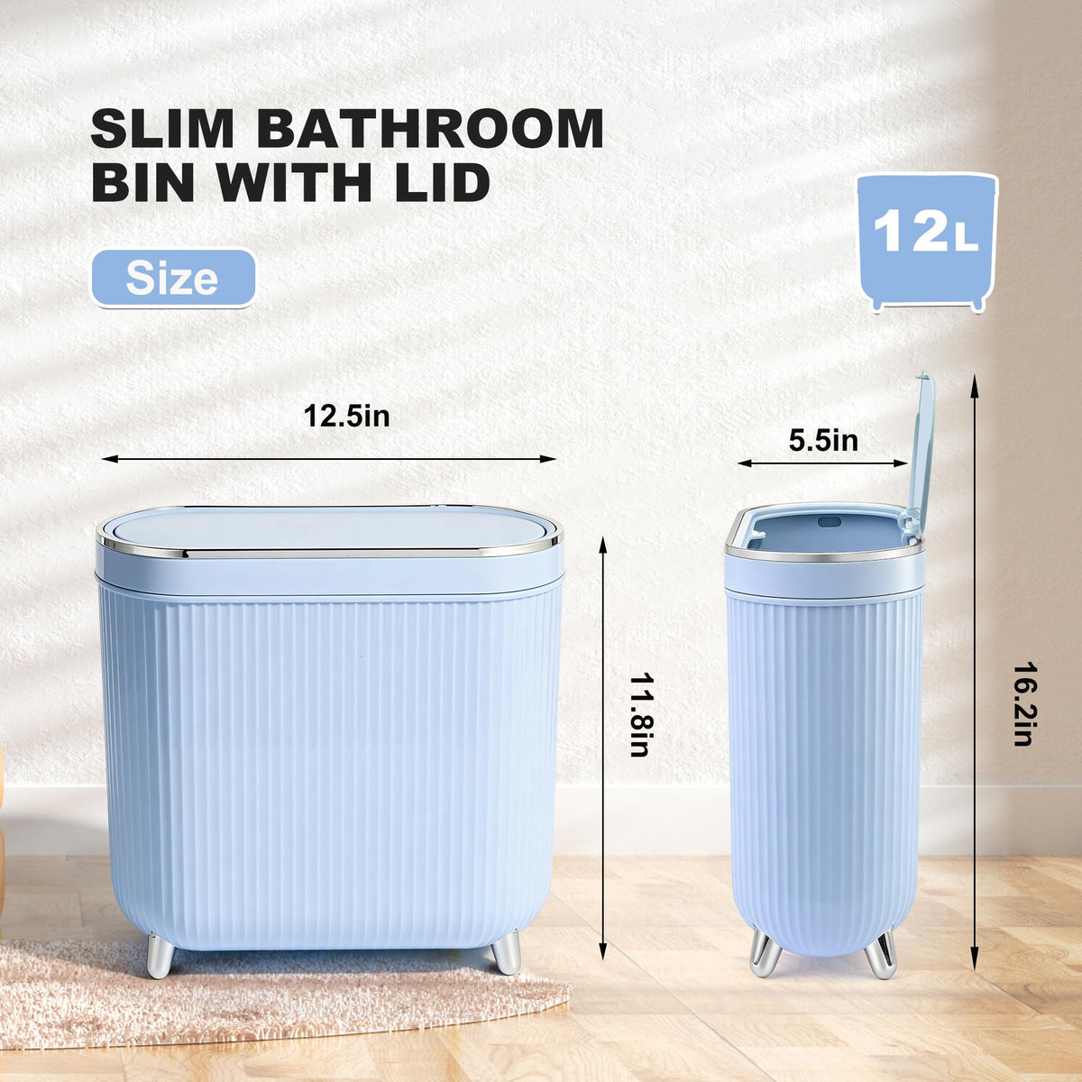 Bathroom Trash Can with Lid 3.1 Gallon Narrow Trash Can Small Plastic Trash Bin 12 Liter Rectangular Plastic Garbage Can with Press Type Lid for Bedroom Bathroom