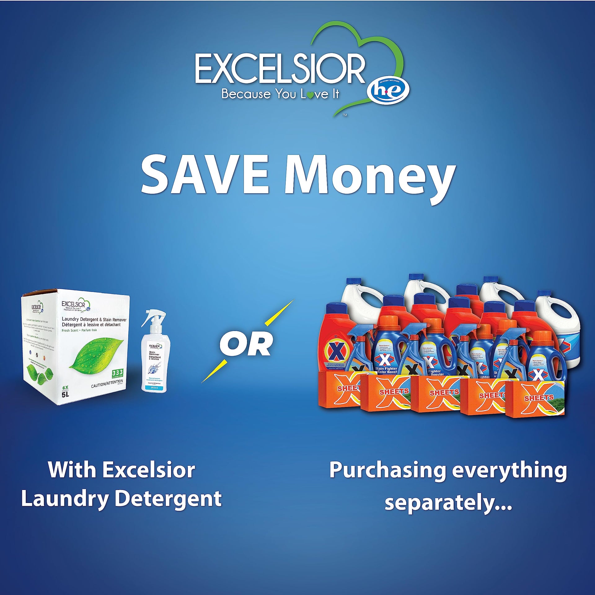 Excelsior HE Laundry Detergent Liquid Fresh Scent Concentrated 333 Loads 5 Liter With Natural Stain Remover (169.07 Fl Oz)