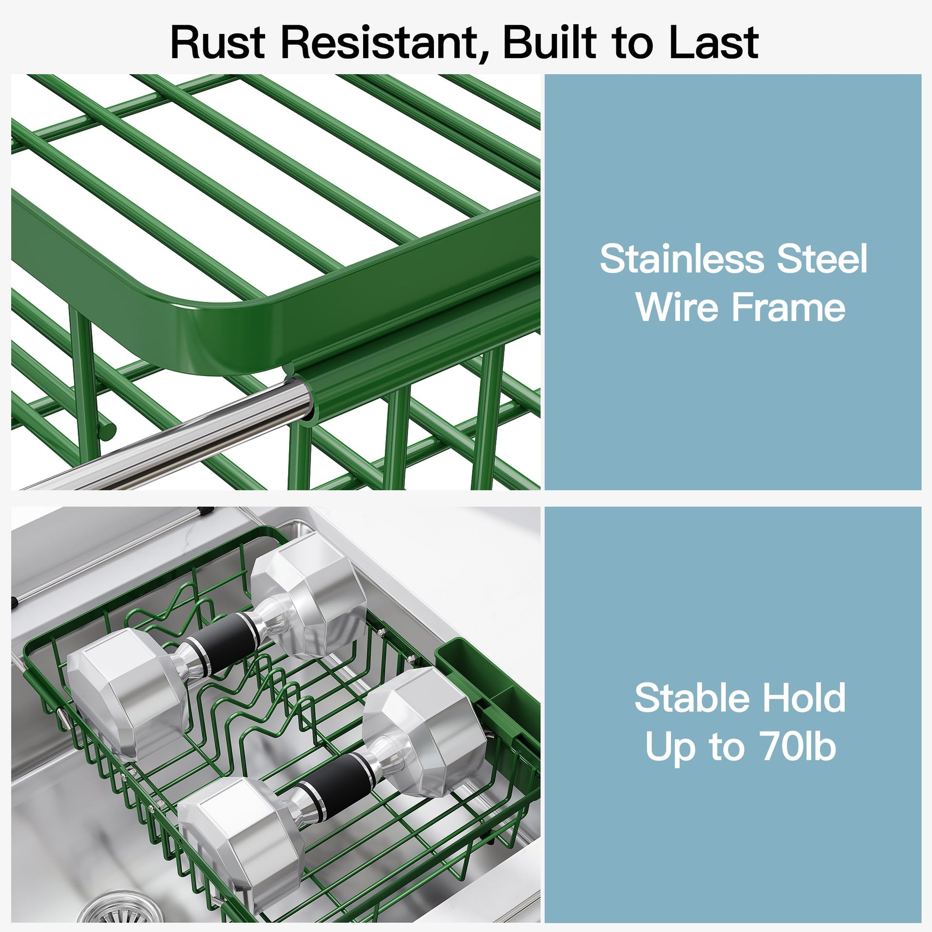 Green Dish Drying Rack Over the Sink with Utensil Holder