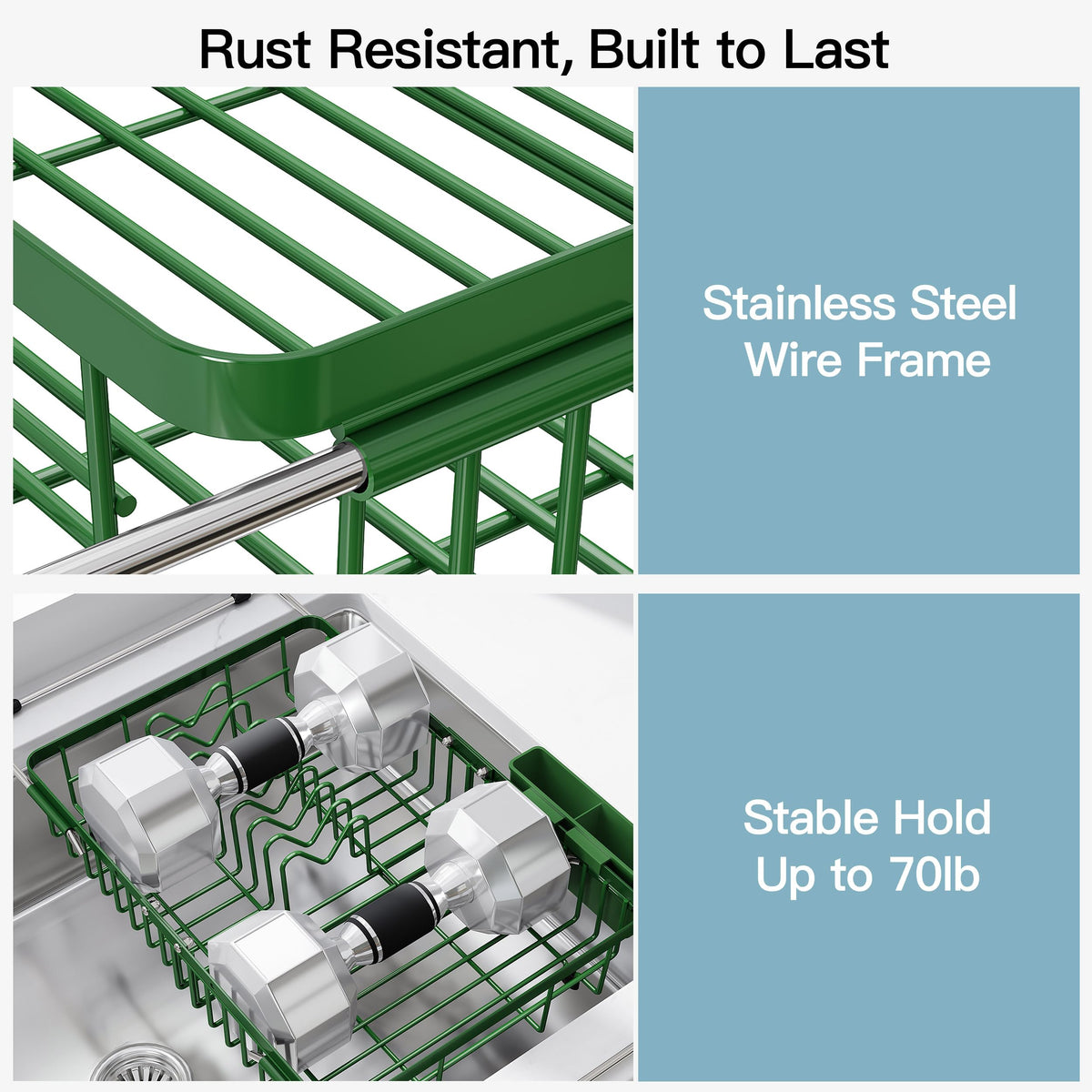 Green Dish Drying Rack Over the Sink with Utensil Holder