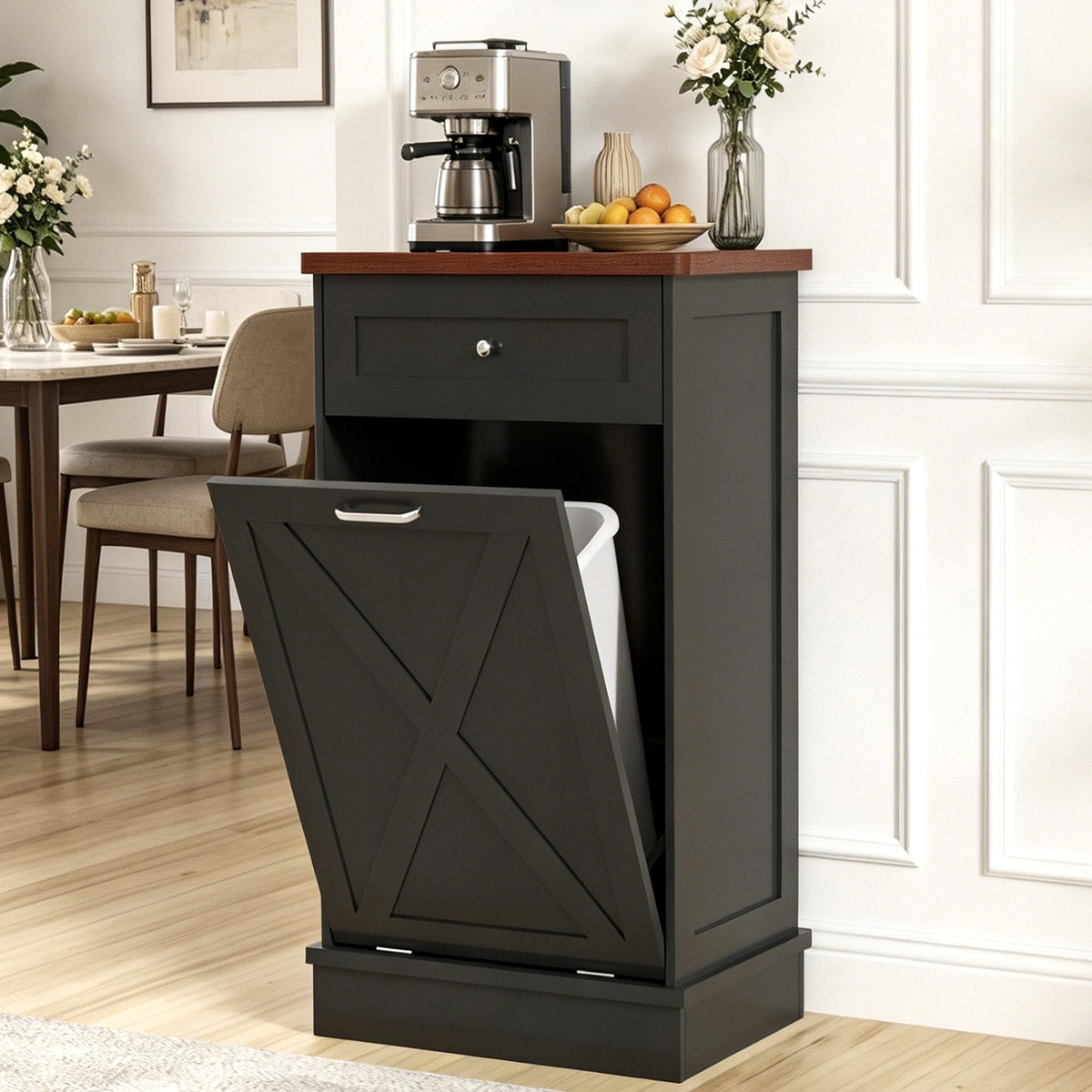 10 Gallon Tilt Out Trash Cabinet with Hideaway Drawer