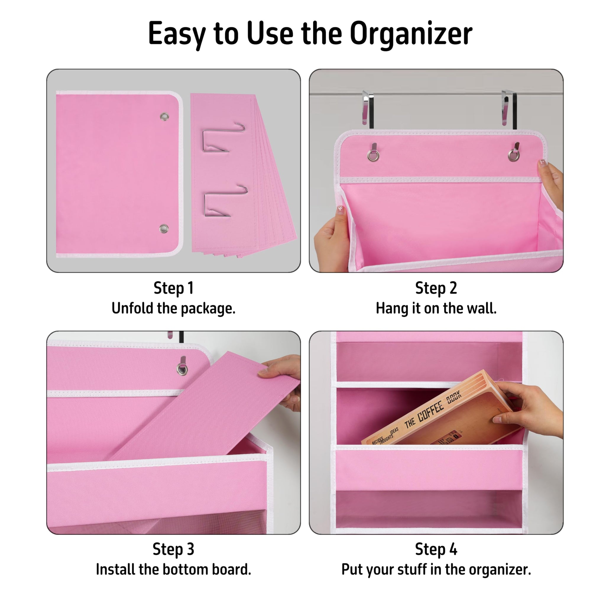 Pink Over Door Organizer with 5 Large Clear Pockets and 6 Side Mesh Pockets