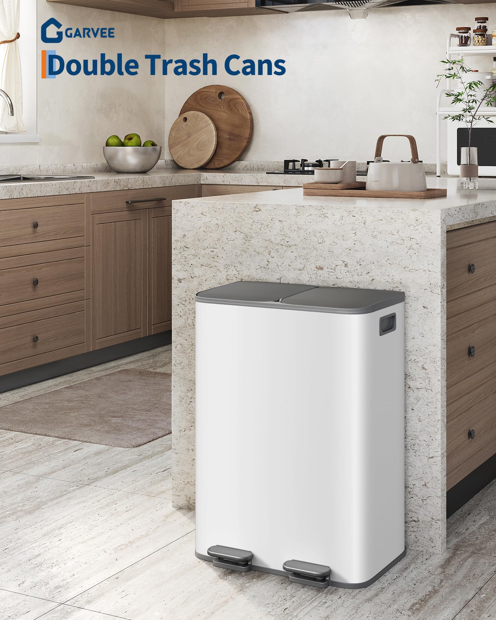 2 x 8 gal Stainless Steel Double Trash Can with Lid for Kitchen