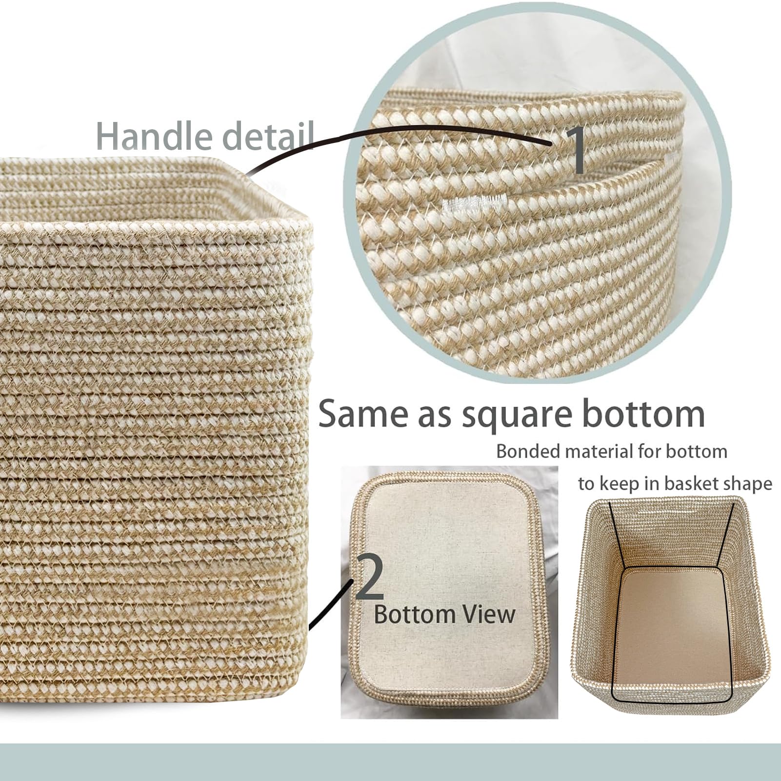 3PACK Cotton Rope Square Basket with Handles for Shelves (3 Count)
