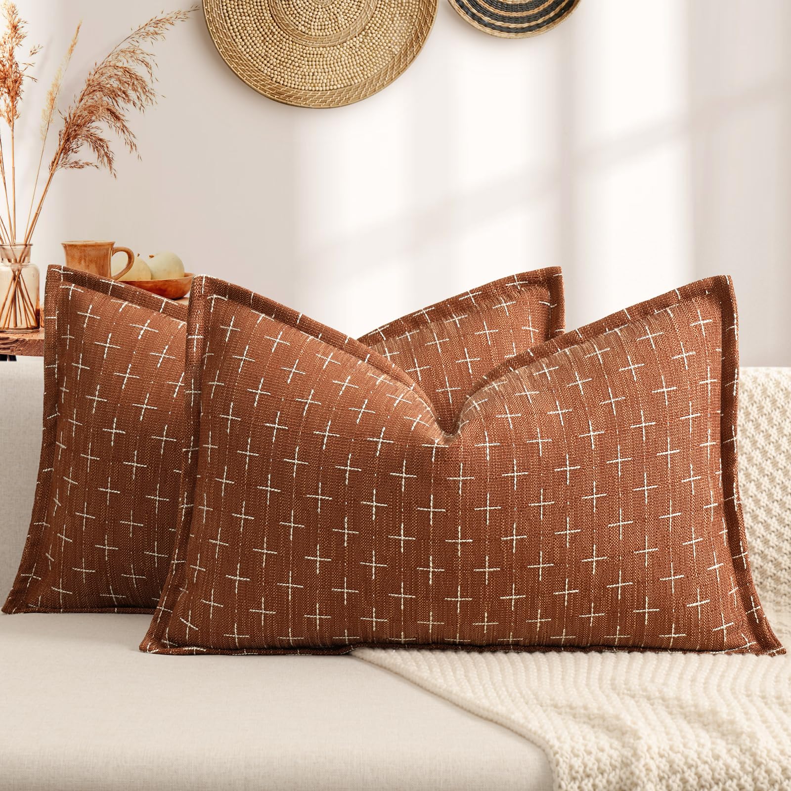 Fall Pillow 12x20 Pillow Covers Set of 2 Soft Polyester Textured Rust Pillow Covers with Stylish Flange Edge Cozy Farmhouse Throw Pillows for Couch Bed Sofa Living Room Fall Decor (2 Count)