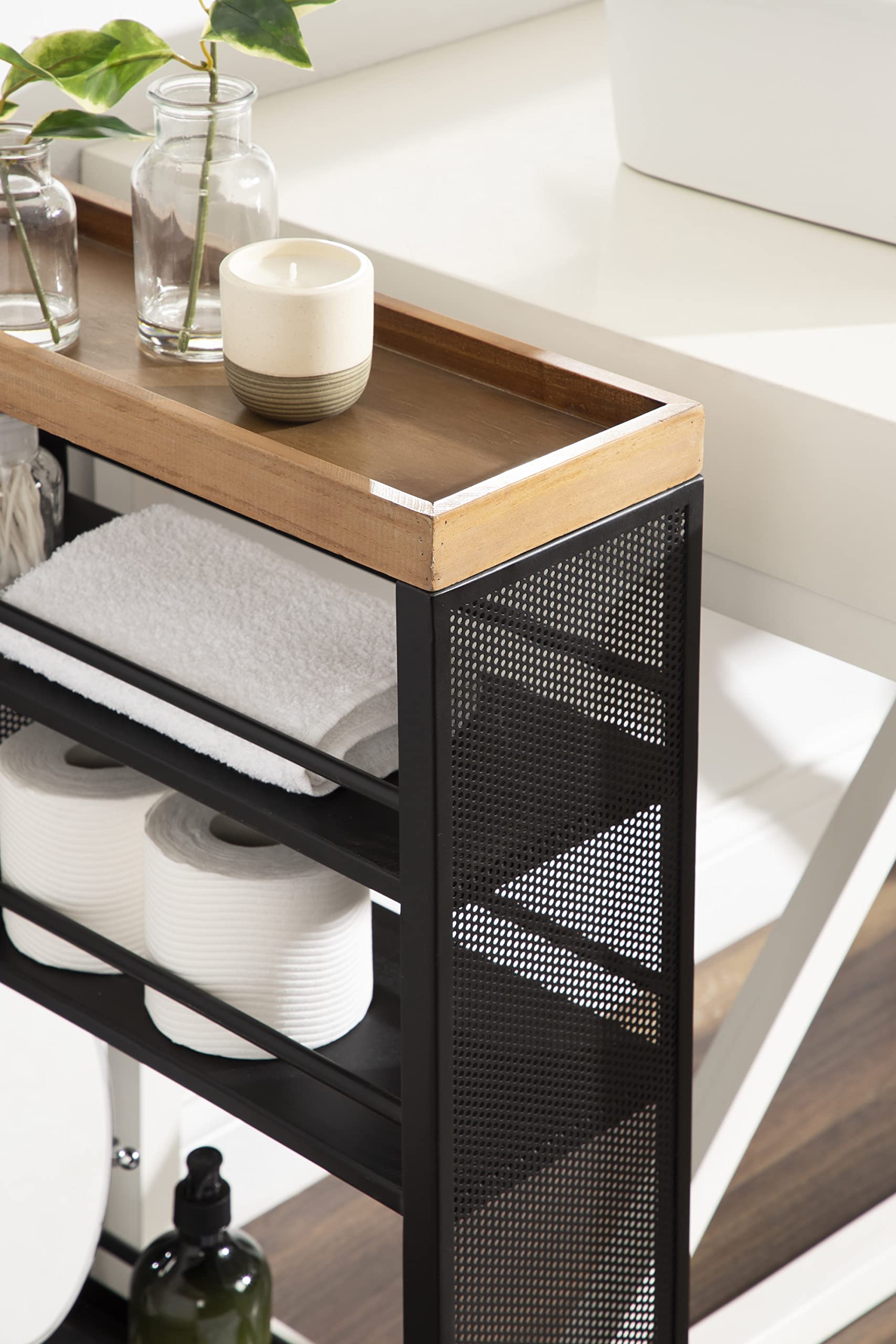 Piazza Decorative Slim Storage Cart; 18 x 7 x 30; Natural Wood and Black; Decorative Narrow Rolling Cart with Locking Wheels and Three Storage Shelves for Kitchen or Laundry Room