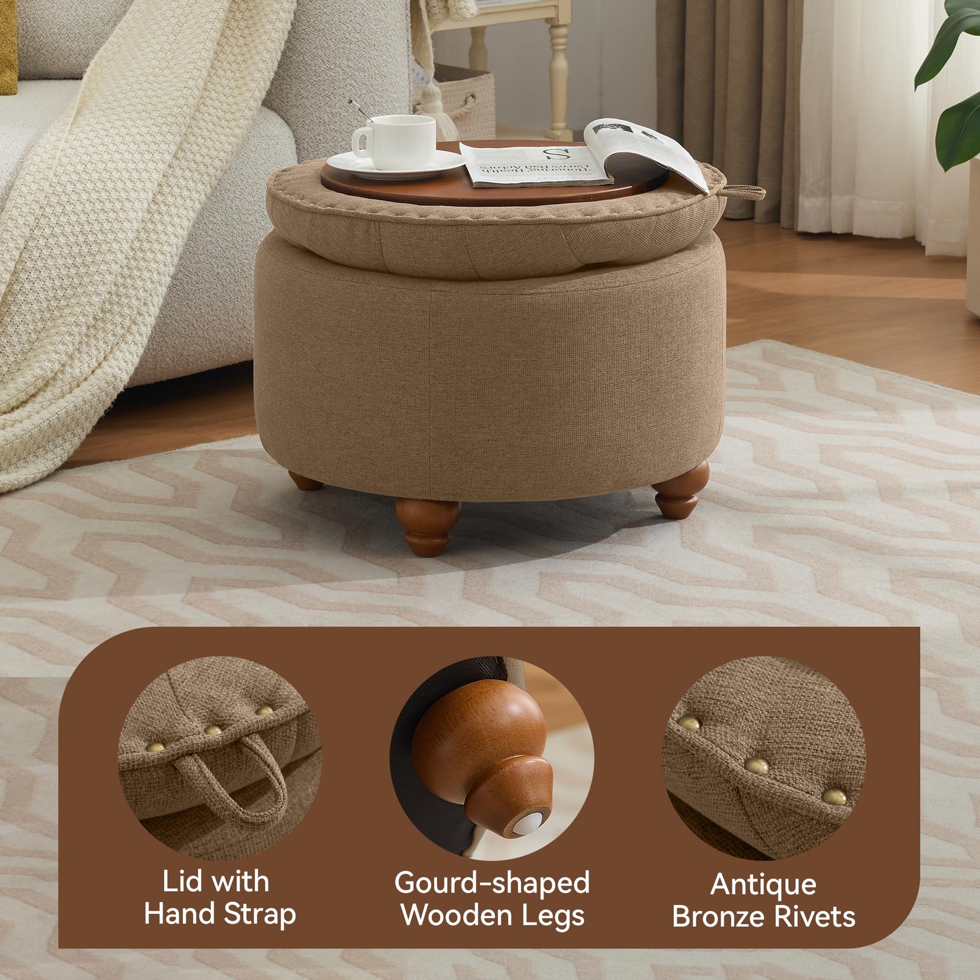 24Inch Round Storage Ottoman with Tray