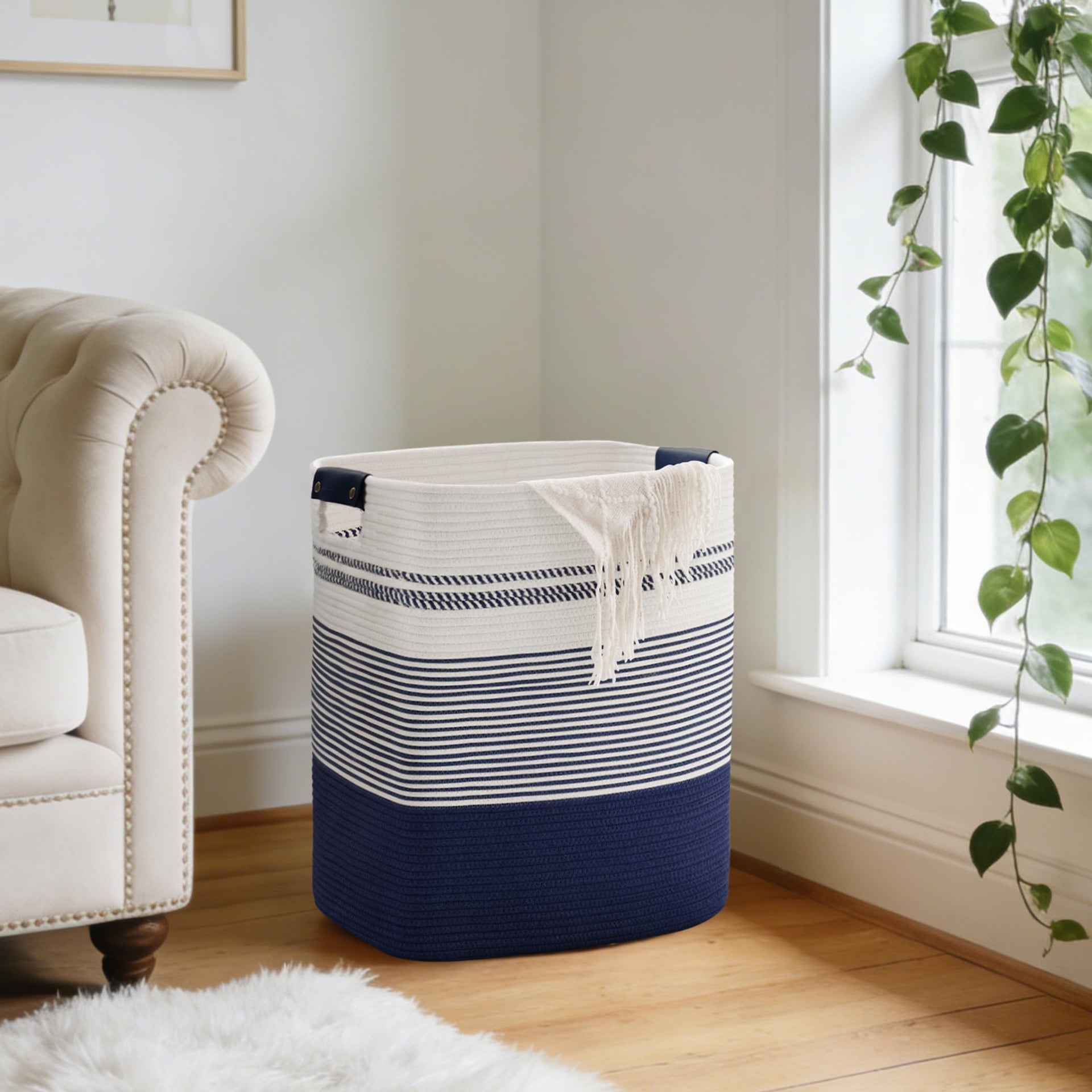 85L Tall Woven Laundry Basket Hamper with Leather Handles
