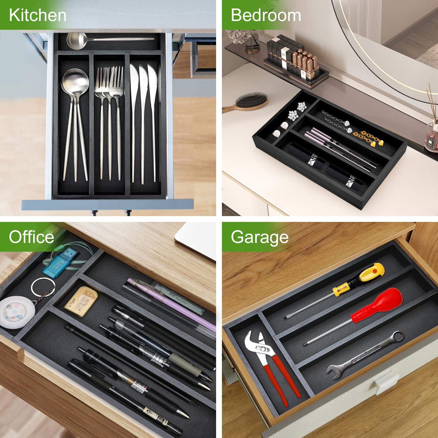 Small Black Wooden Silverware Tray Narrow Kitchen Drawer Utensil Organizer