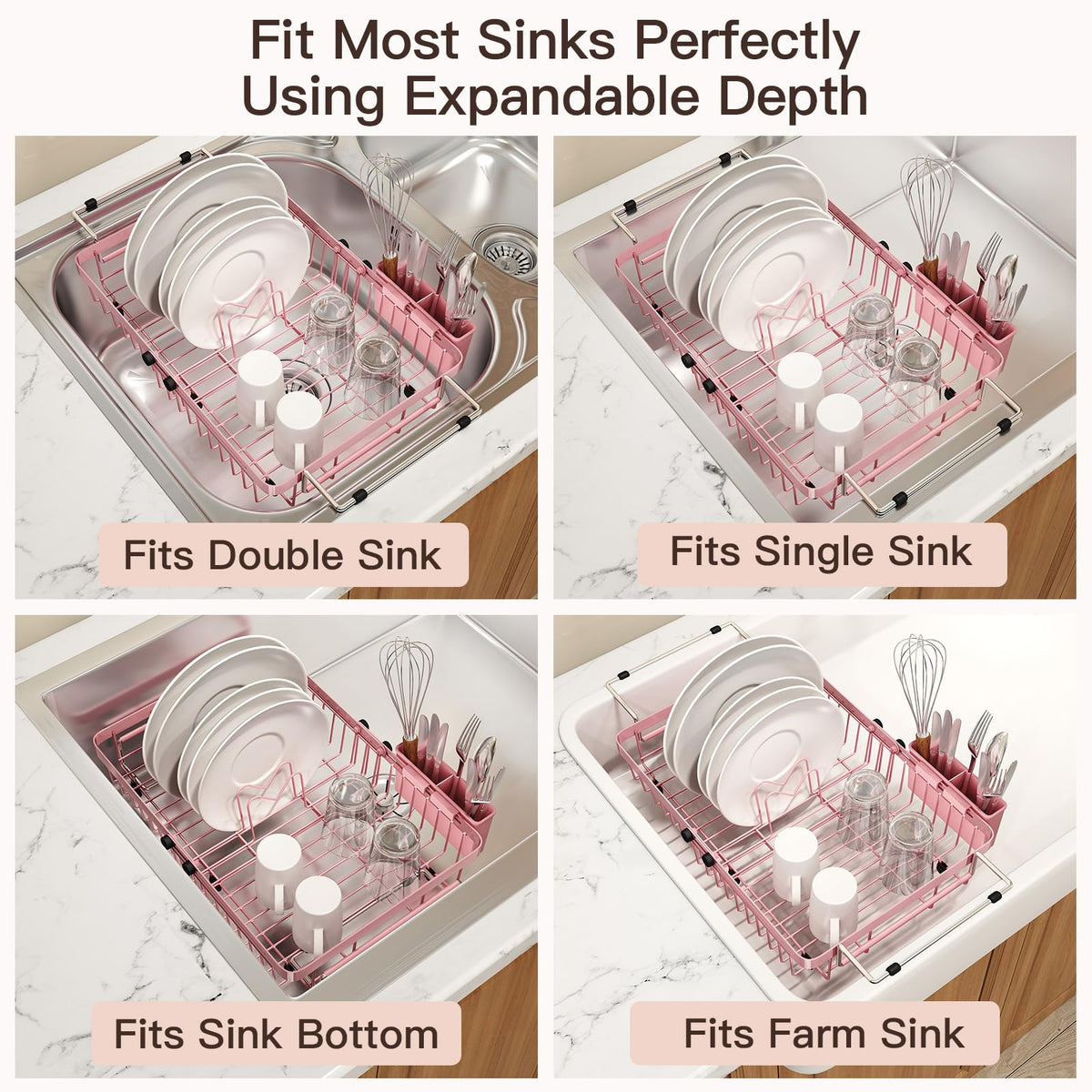 Pink Dish Drying Rack Over The Sink with Utensil Holder