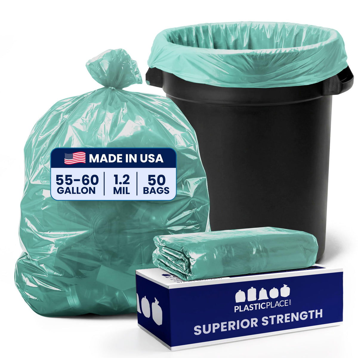 55 60 gallon Trash Bags │ 1.2 Mil │ Green Heavy Duty Garbage Can Liners │ 38” x 58” (50 Count)