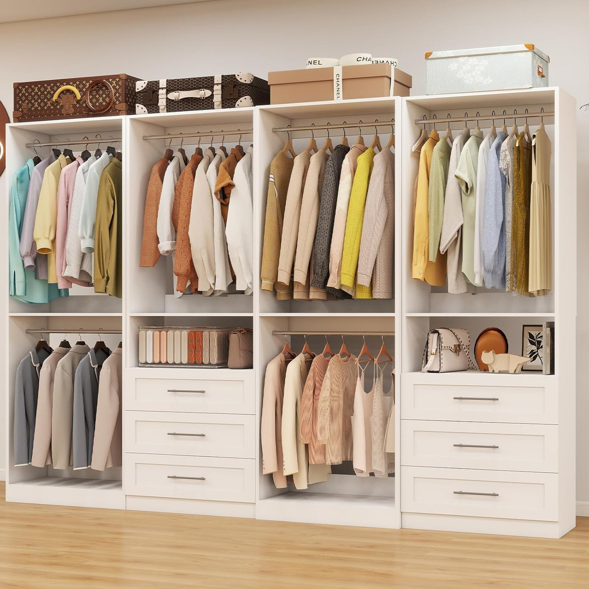 Closet System with 4 Sets, 8FT Closet Organizer Systems with 6 Wooden Drawers & 10 Hanging Rods, Walk in Closet Standalone Corner Closet System Modular Closet System Set White (8FT)