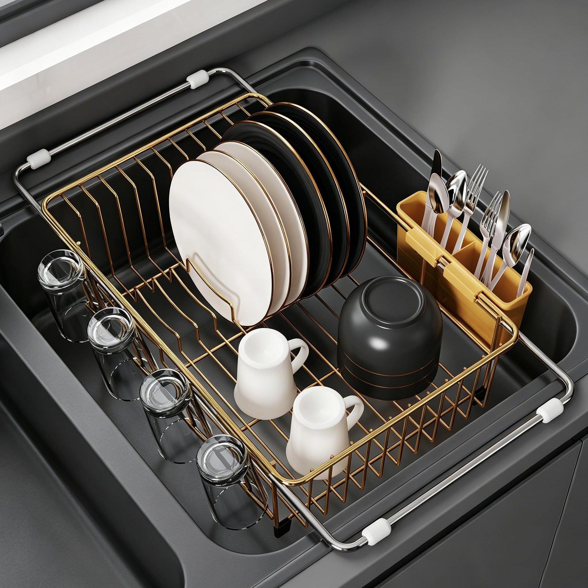 Gold Dish Drying Rack in Sink