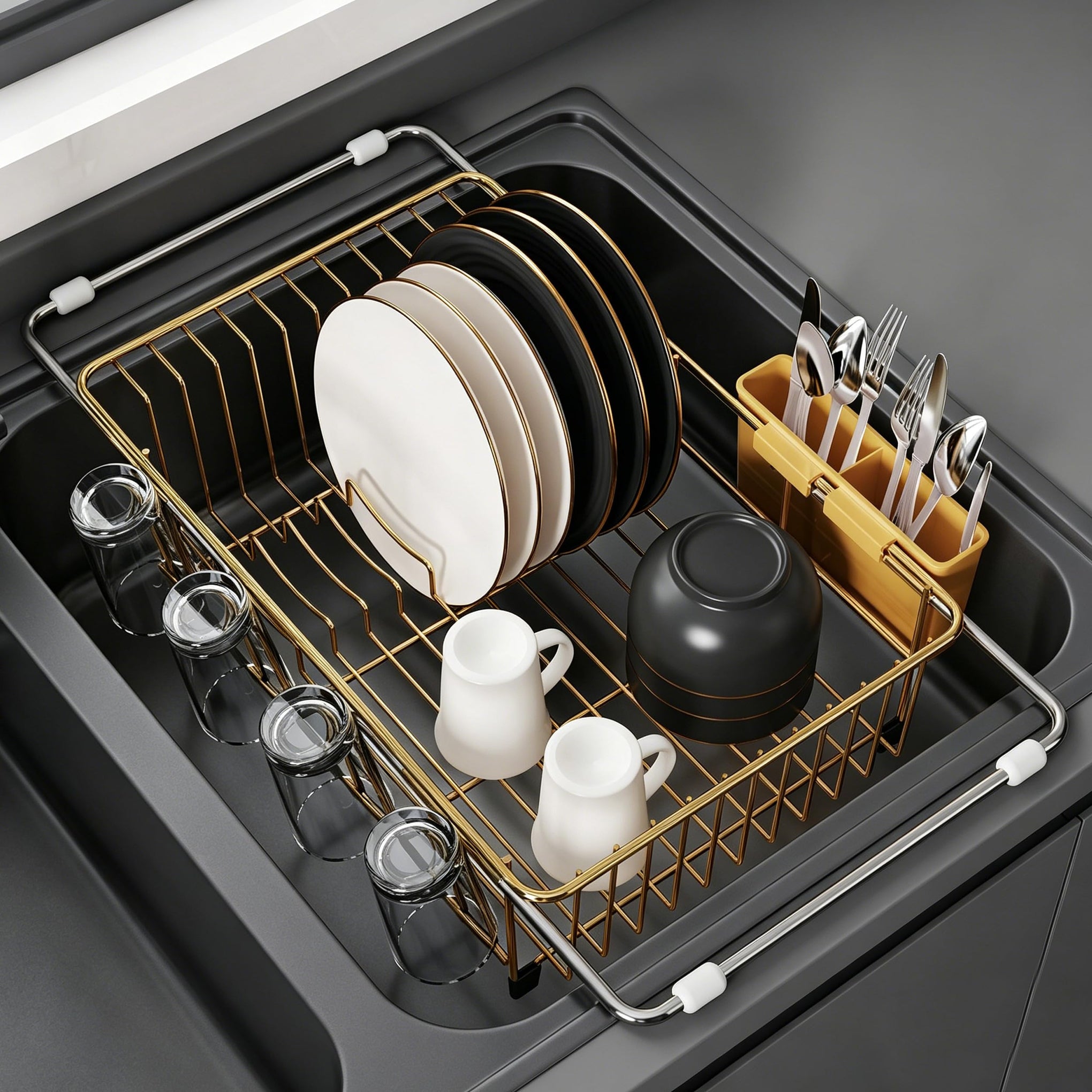 Gold Dish Drying Rack in Sink