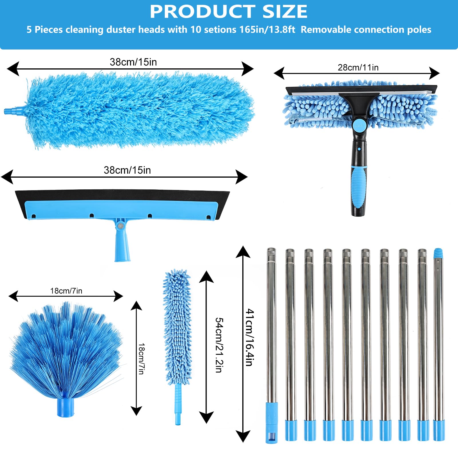 High Reach Duster Kit with14 ft Extension Pole High Ceiling Dusting and Window Cleaning Kit with Spliceable Pole