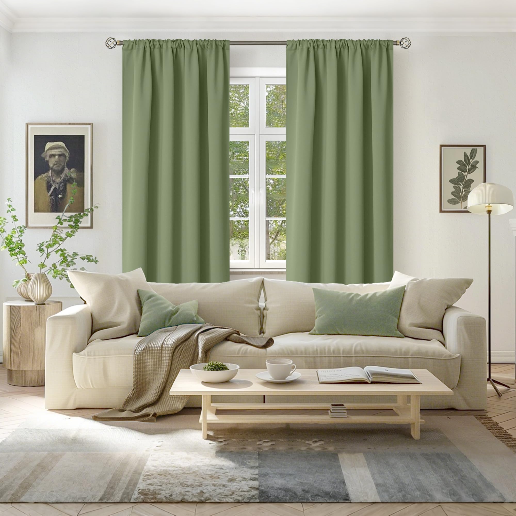 Olive Green Blackout Curtains 90 Inch Length for Living Room Spring Decor (2 Count)