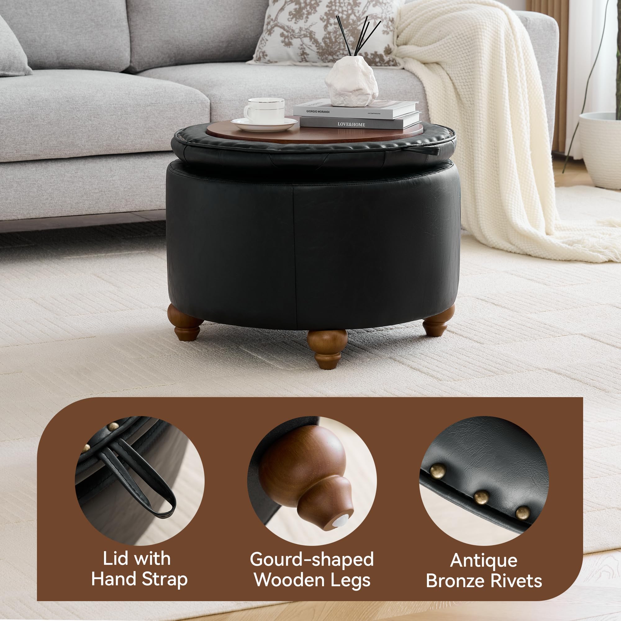 24Inch Round Storage Ottoman with Tray